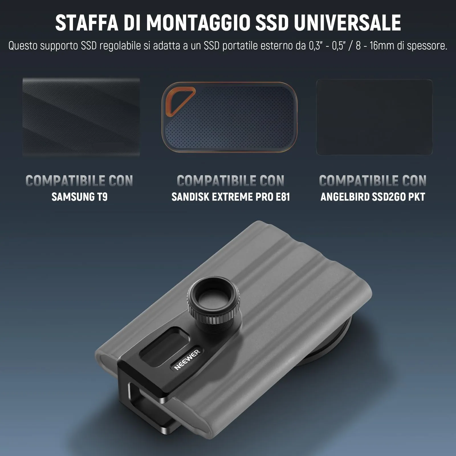 NEEWER Supporto SSD con Cold Shoe Rimovibile per SSD Portatili da 8-16mm di Spessore, Compatibile con MagSafe iPhone 16 15 Samsung T9 T7 T5 per SanDisk per Lexar Compatibile con SmallRig Cage, PA085 - immagine 2