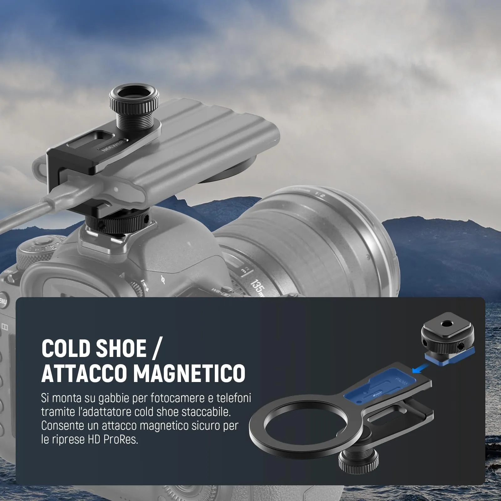 NEEWER Supporto SSD con Cold Shoe Rimovibile per SSD Portatili da 8-16mm di Spessore, Compatibile con MagSafe iPhone 16 15 Samsung T9 T7 T5 per SanDisk per Lexar Compatibile con SmallRig Cage, PA085 - immagine 3