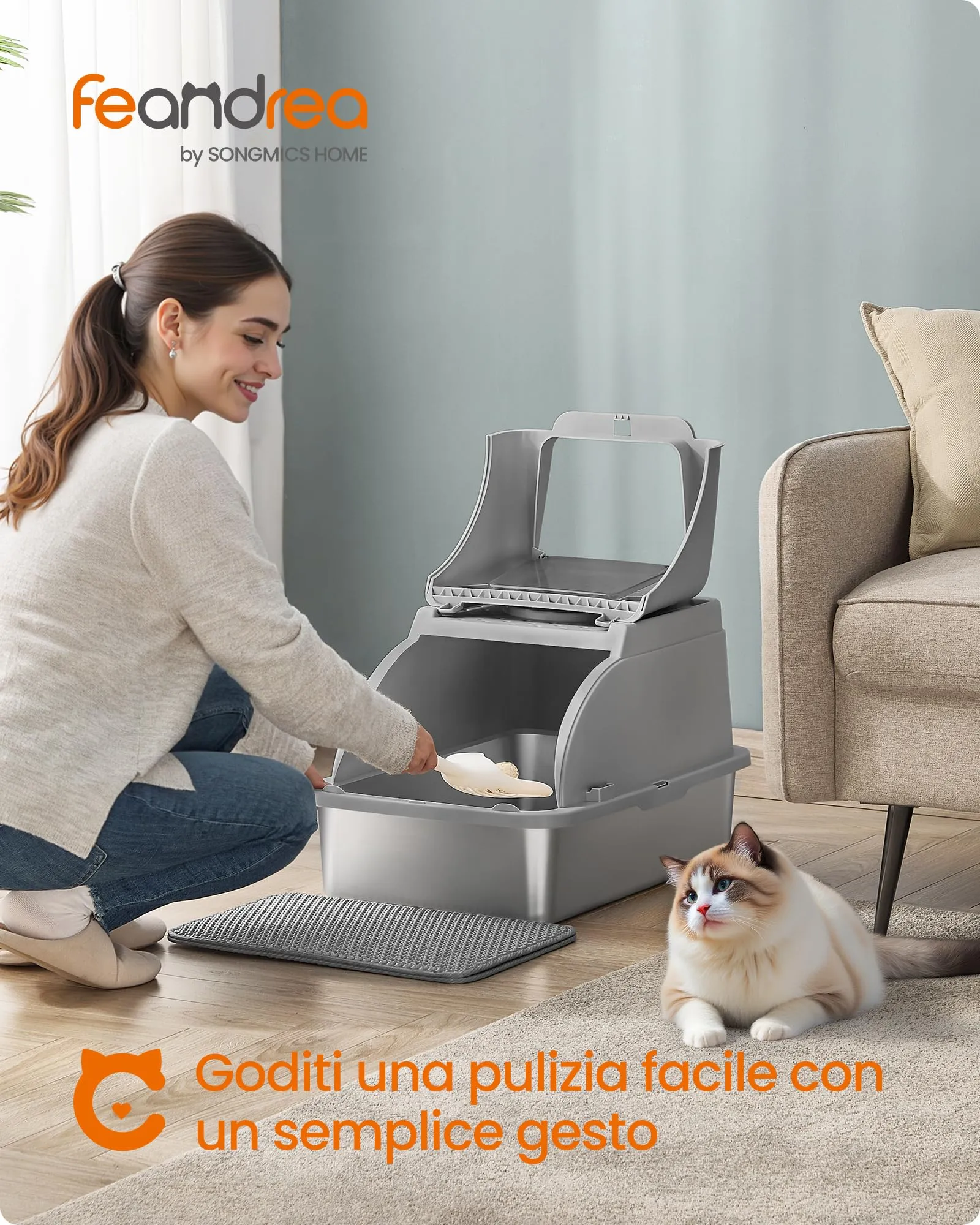 Feandrea Lettiera per Gatti Chiusa in Acciaio Inox, 61 x 40 x 36,5 cm - immagine 2