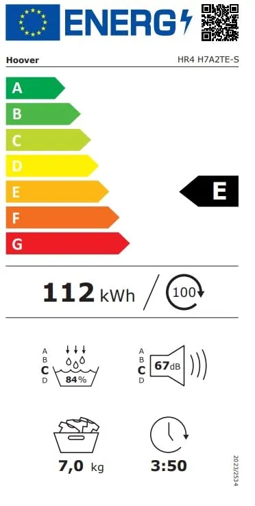Hoover H-DRY 350 Asciugatrice 7 Kg, Pompa di Calore, Libera Installazione, Classe E, Certificazione Woolmark, AxLxP 85x60x48, Bianca - HR4 H7A2TE-S - immagine 6