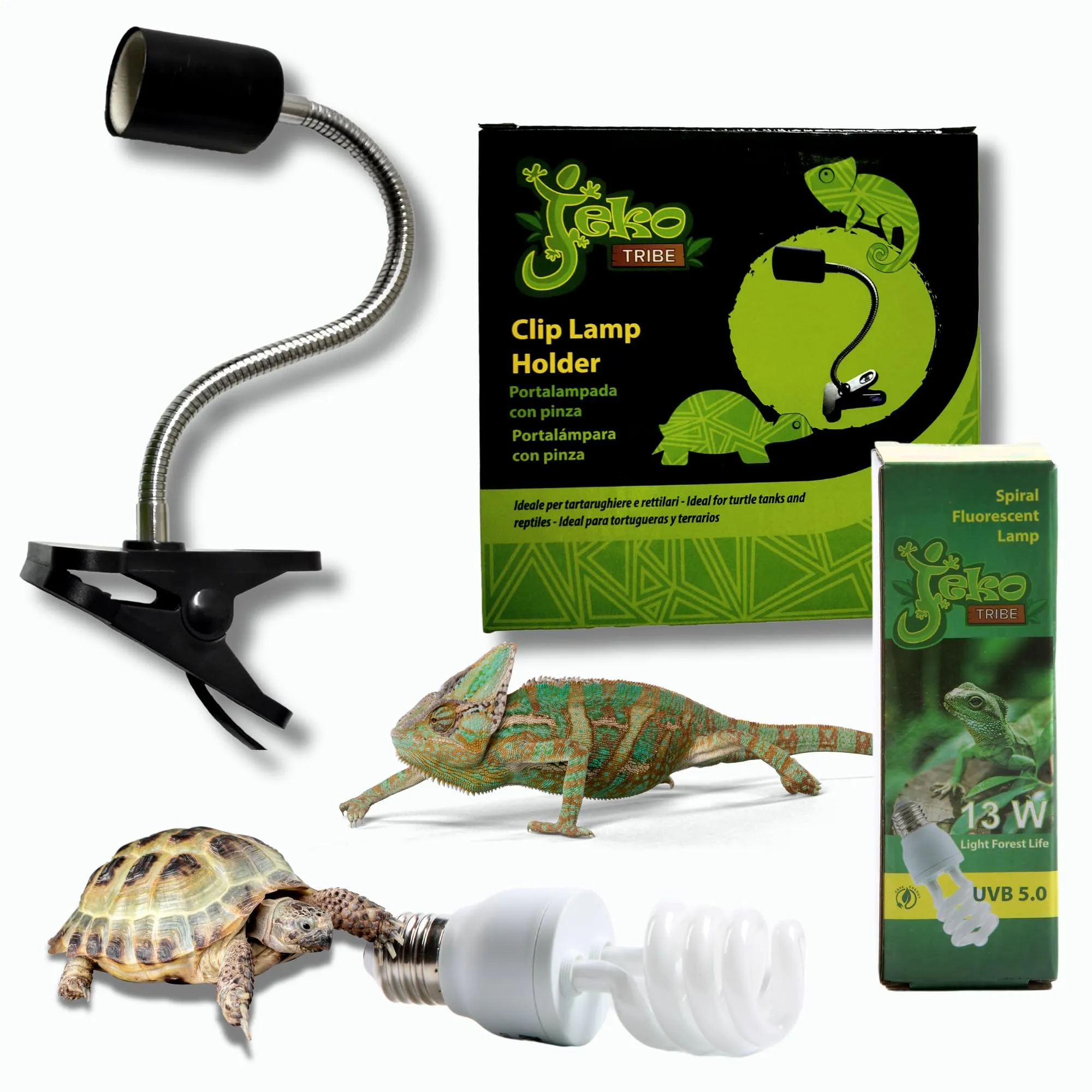 Lampada UVB rettili 13 W 5.0 + Portalampada Con Pinza e Interruttore kit Completo Per Tartarughe da terra e Piccoli Animali Lucertole Iguana Camaleonti Pogone Varani ecc..Pet Tribe - immagine 1