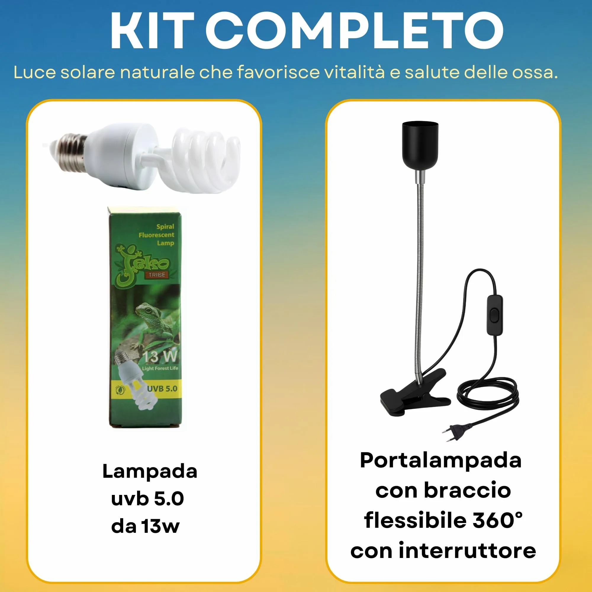 Lampada UVB rettili 13 W 5.0 + Portalampada Con Pinza e Interruttore kit Completo Per Tartarughe da terra e Piccoli Animali Lucertole Iguana Camaleonti Pogone Varani ecc..Pet Tribe - immagine 2