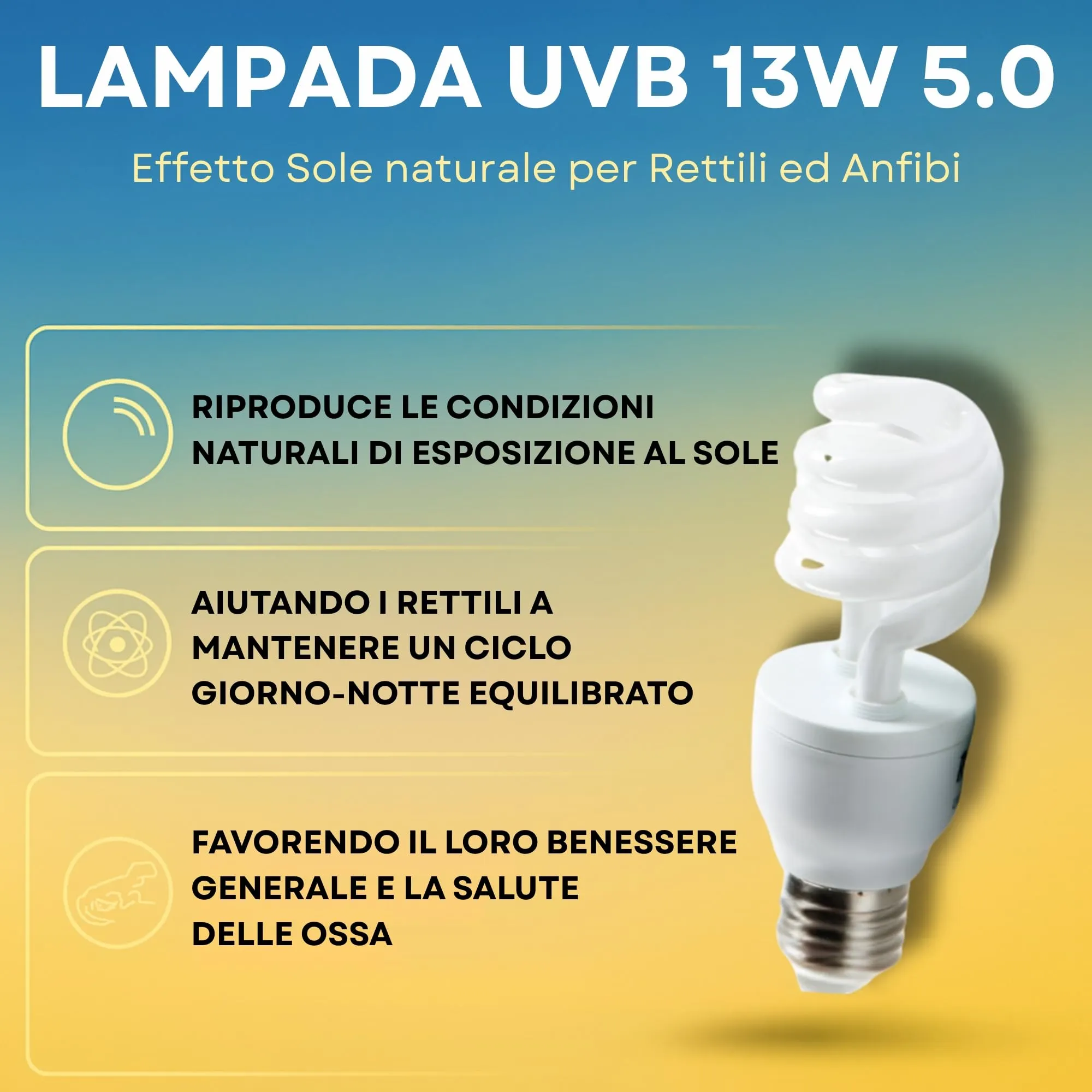 Lampada UVB rettili 13 W 5.0 + Portalampada Con Pinza e Interruttore kit Completo Per Tartarughe da terra e Piccoli Animali Lucertole Iguana Camaleonti Pogone Varani ecc..Pet Tribe - immagine 3
