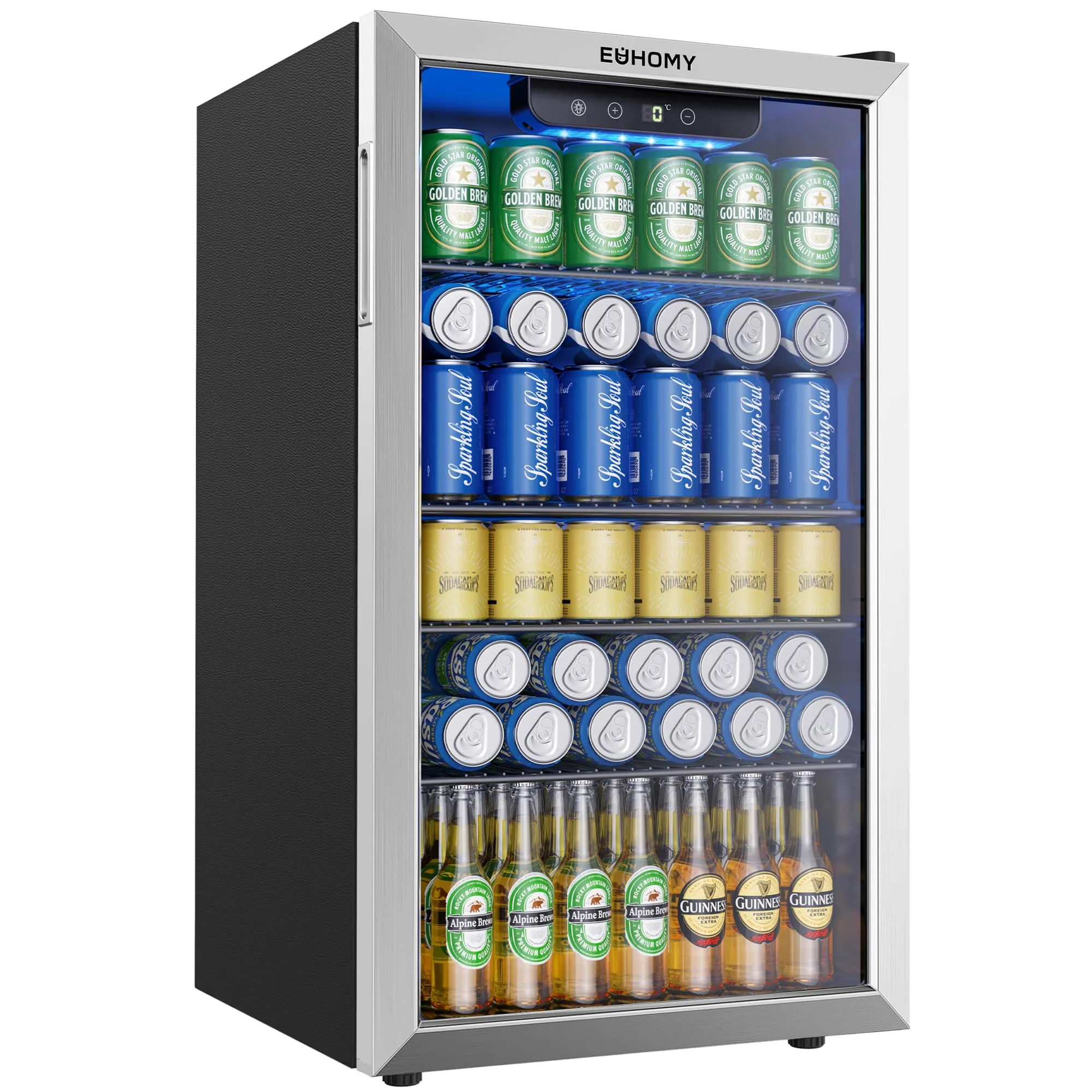 EUHOMY Frigorifero per Bevande 90L, Mini Frigo da 126 Lattine con Porta in Vetro, Ripiani Regolabili per Birra, Vino e Bibite, per Casa, Bar e Ufficio, Acciaio Inossidabile Argento - immagine 1