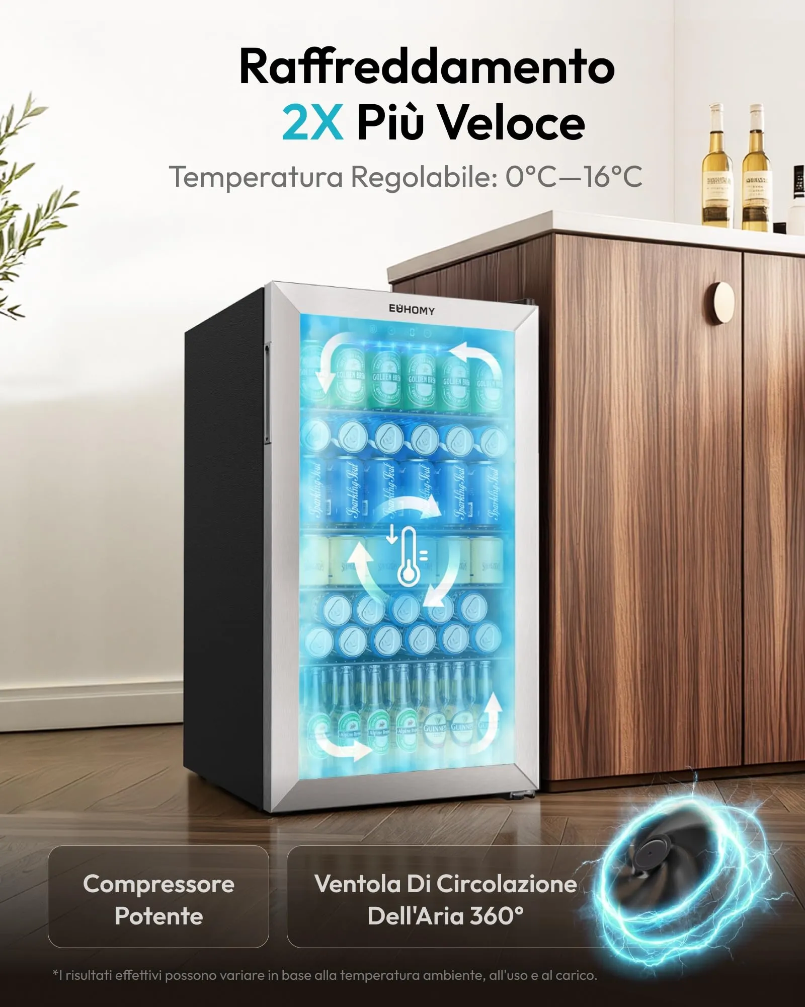 EUHOMY Frigorifero per Bevande 90L, Mini Frigo da 126 Lattine con Porta in Vetro, Ripiani Regolabili per Birra, Vino e Bibite, per Casa, Bar e Ufficio, Acciaio Inossidabile Argento - immagine 2