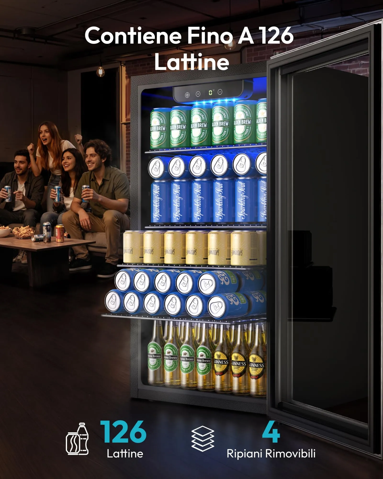 EUHOMY Frigorifero per Bevande 90L, Mini Frigo da 126 Lattine con Porta in Vetro, Ripiani Regolabili per Birra, Vino e Bibite, per Casa, Bar e Ufficio, Acciaio Inossidabile Argento - immagine 3