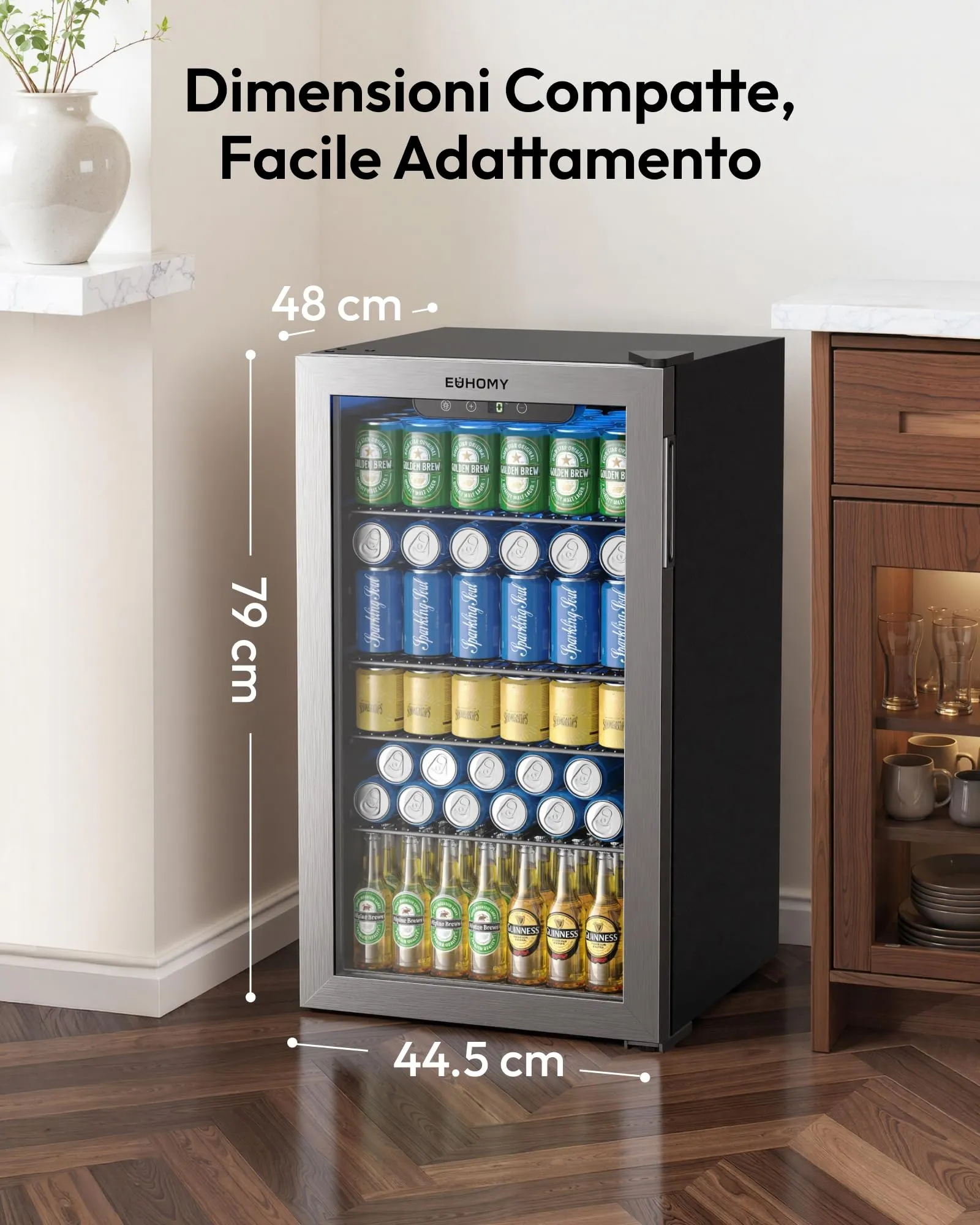 EUHOMY Frigorifero per Bevande 90L, Mini Frigo da 126 Lattine con Porta in Vetro, Ripiani Regolabili per Birra, Vino e Bibite, per Casa, Bar e Ufficio, Acciaio Inossidabile Argento - immagine 4