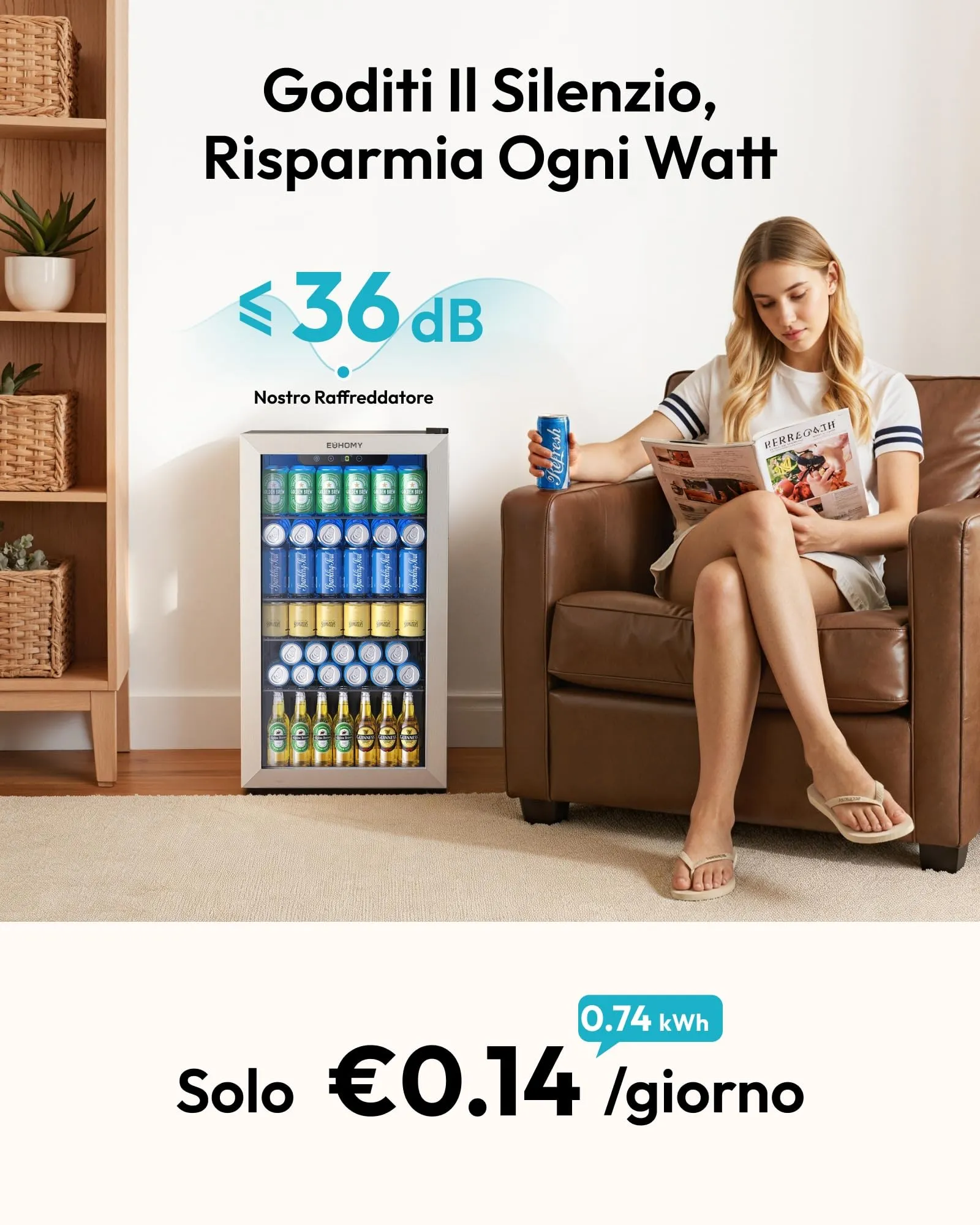 EUHOMY Frigorifero per Bevande 90L, Mini Frigo da 126 Lattine con Porta in Vetro, Ripiani Regolabili per Birra, Vino e Bibite, per Casa, Bar e Ufficio, Acciaio Inossidabile Argento - immagine 7