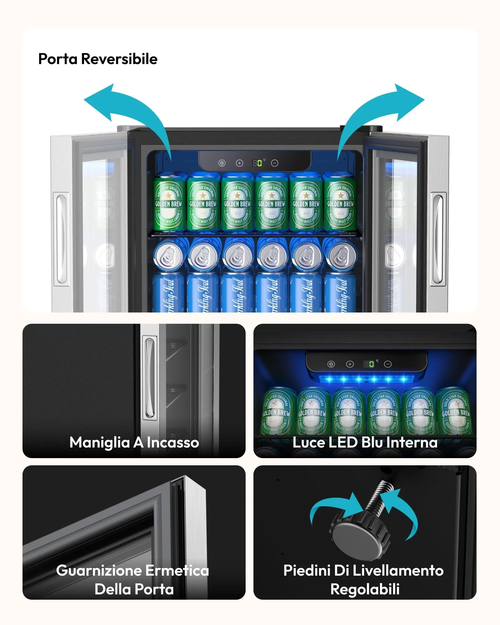 EUHOMY Frigorifero per Bevande 90L, Mini Frigo da 126 Lattine con Porta in Vetro, Ripiani Regolabili per Birra, Vino e Bibite, per Casa, Bar e Ufficio, Acciaio Inossidabile Argento - immagine 8