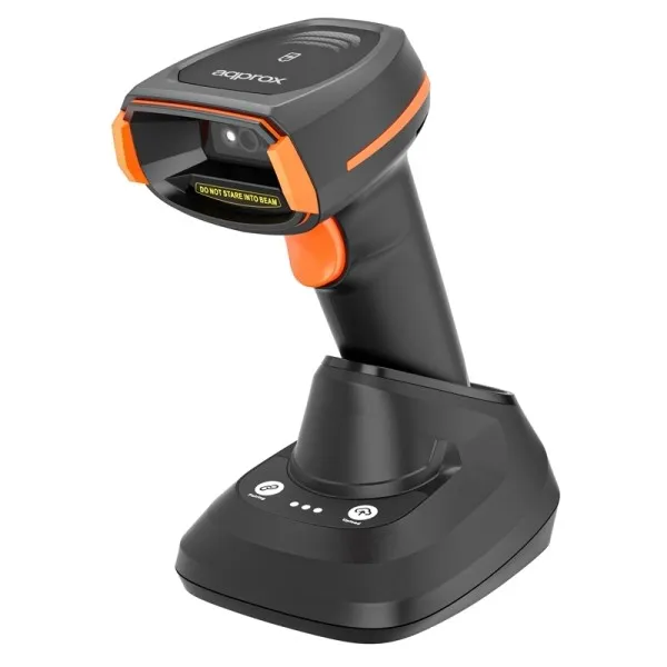 Lettore di codici a barre wireless 1D/2D con base di ricarica - Indicatore LED segnale acustico e vibrazione - Velocità di scansione 60 fps - Trigger manuale o automatico - Autonomia fino a 12 ore - Colore nero/arancione - immagine 1