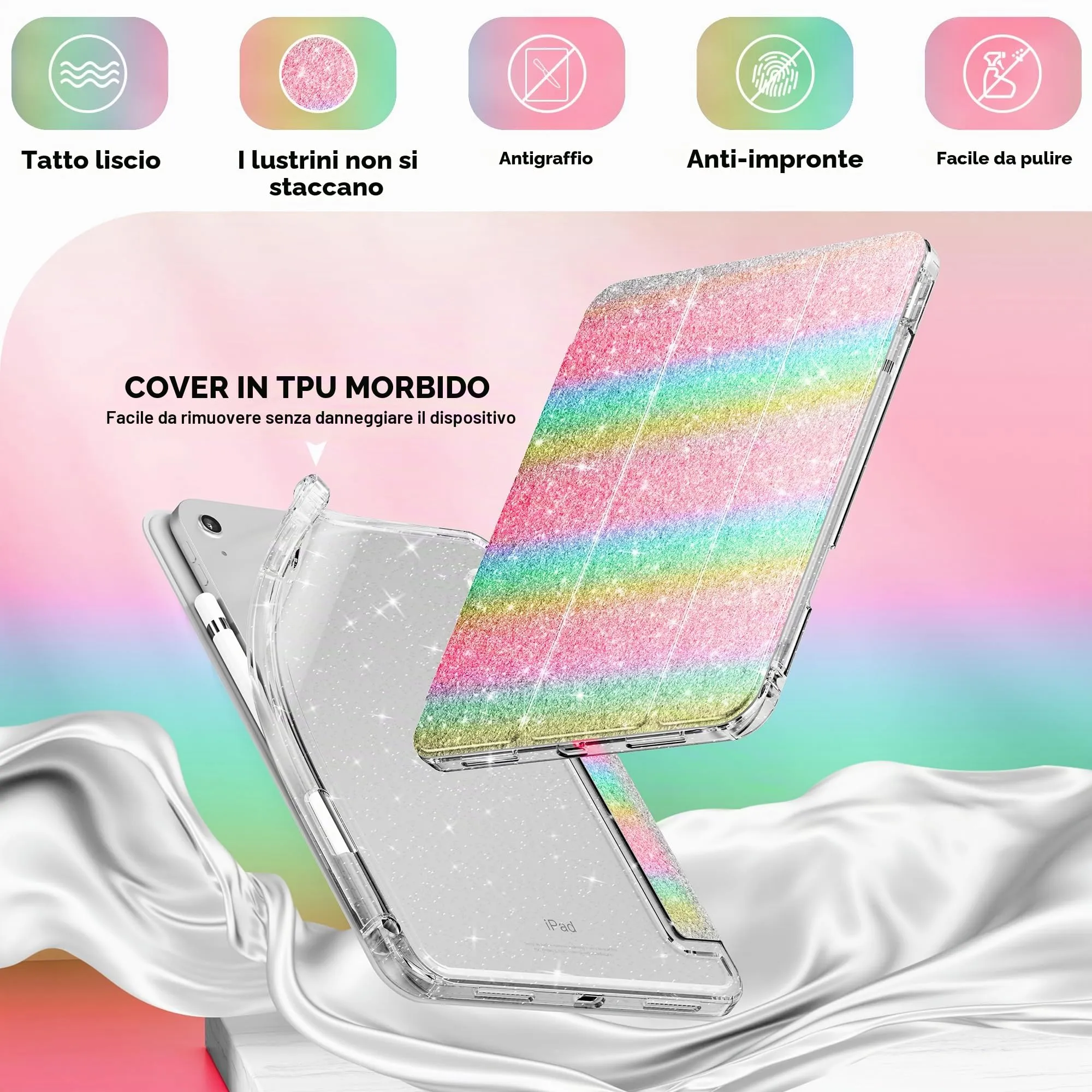 INFILAND Custodia per iPad 11 Generazione A16 11 Pollici 2025/iPad 10 Generazione 10,9 Pollici 2022,Glitterata con Retro Trasparente Brillante, Portapenne, per Bambini e Ragazze (Arcobaleno) - immagine 4