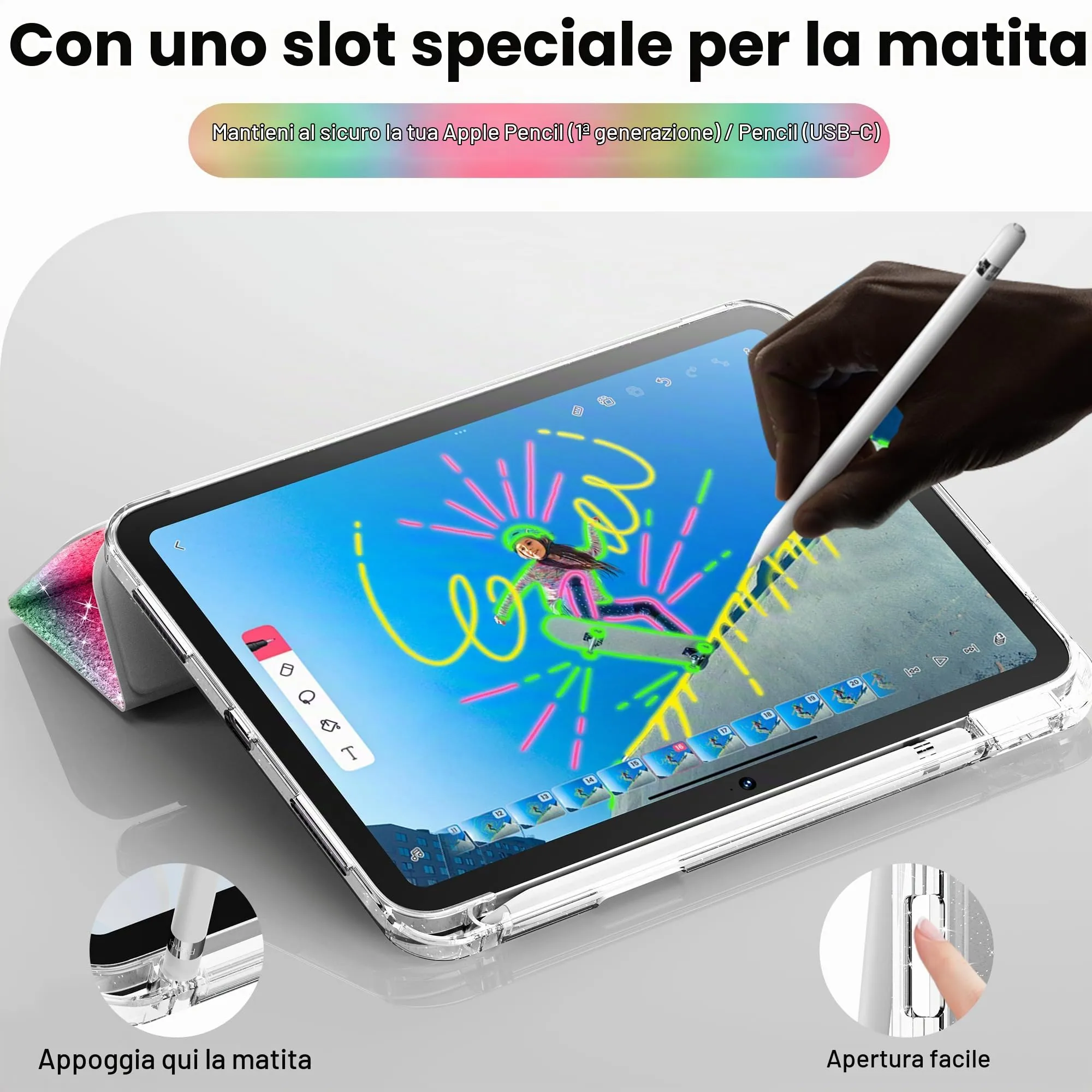 INFILAND Custodia per iPad 11 Generazione A16 11 Pollici 2025/iPad 10 Generazione 10,9 Pollici 2022,Glitterata con Retro Trasparente Brillante, Portapenne, per Bambini e Ragazze (Arcobaleno) - immagine 5