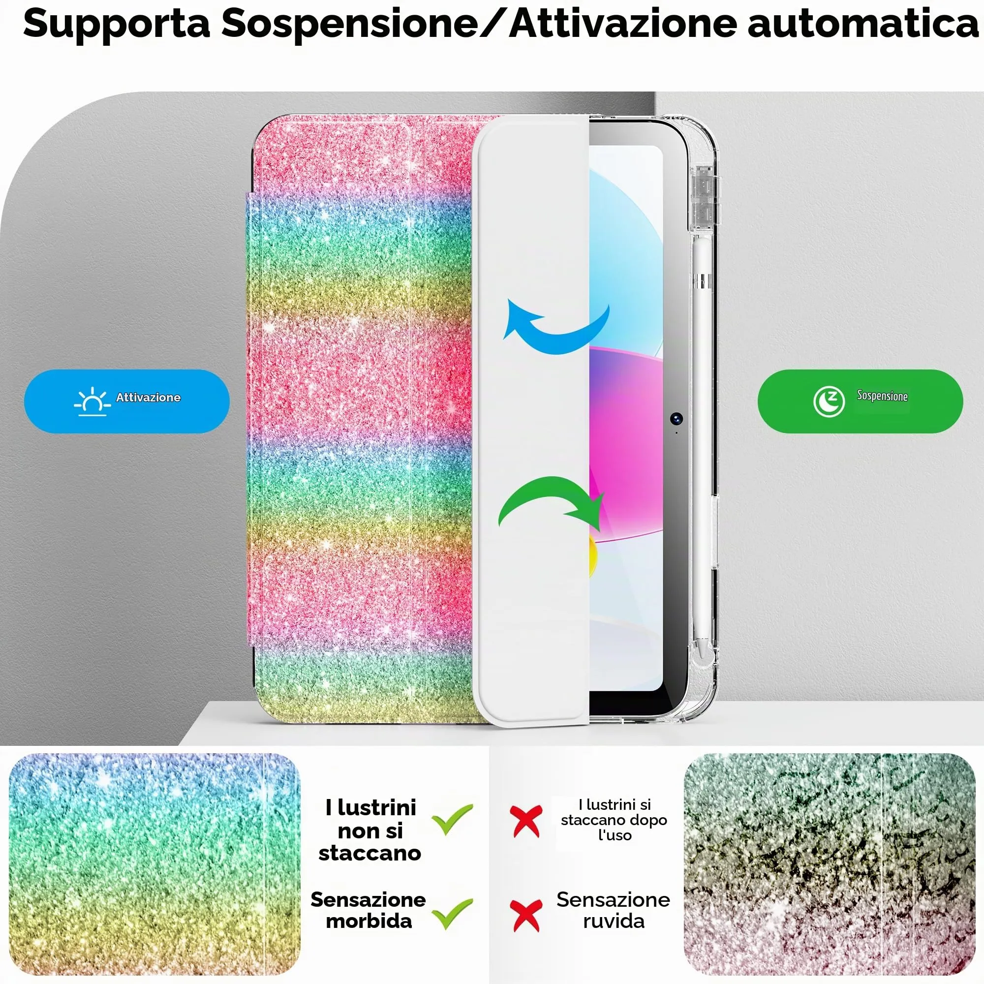 INFILAND Custodia per iPad 11 Generazione A16 11 Pollici 2025/iPad 10 Generazione 10,9 Pollici 2022,Glitterata con Retro Trasparente Brillante, Portapenne, per Bambini e Ragazze (Arcobaleno) - immagine 6