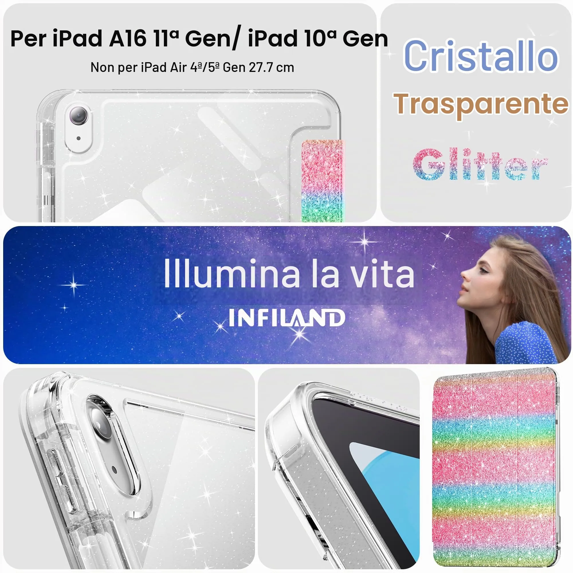 INFILAND Custodia per iPad 11 Generazione A16 11 Pollici 2025/iPad 10 Generazione 10,9 Pollici 2022,Glitterata con Retro Trasparente Brillante, Portapenne, per Bambini e Ragazze (Arcobaleno) - immagine 7