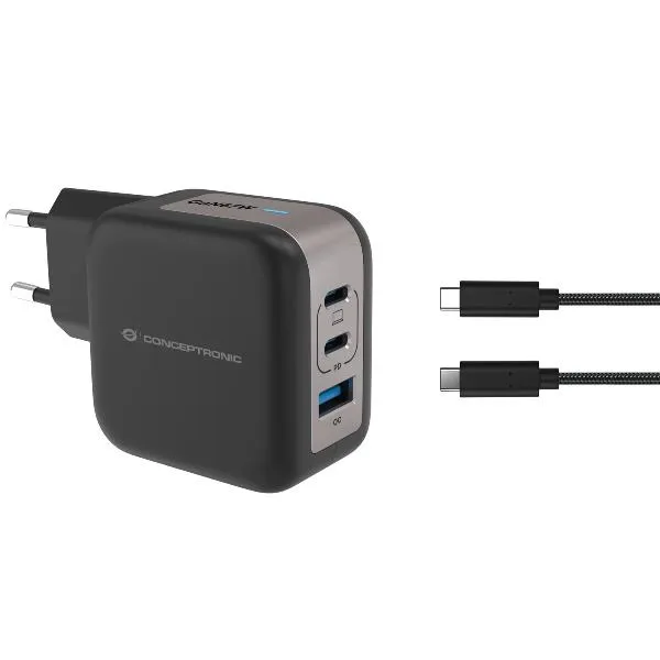 Conceptronic 3-Port 67W Gan USB Pd Charger With Usb-C Charging Cable X 2 Usb-A 1 Qc 3.0 Pps Black ALTHEA17B - immagine 1