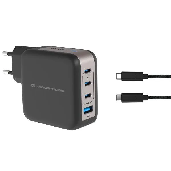 Conceptronic 4-Port 100W Gan USB Pd Charger With Usb-C Charging Cable X 3 Usb-A 1 Qc 3.0 Pps Black ALTHEA18B - immagine 1