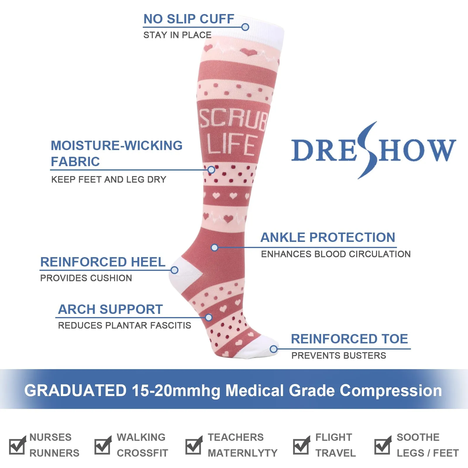 DRESHOW 4 Paia Calze a Compressione per Donna e Uomo Circolazione Miglior Supporto Alla per Atletica,Corsa,Ciclismo,Viaggi - immagine 5