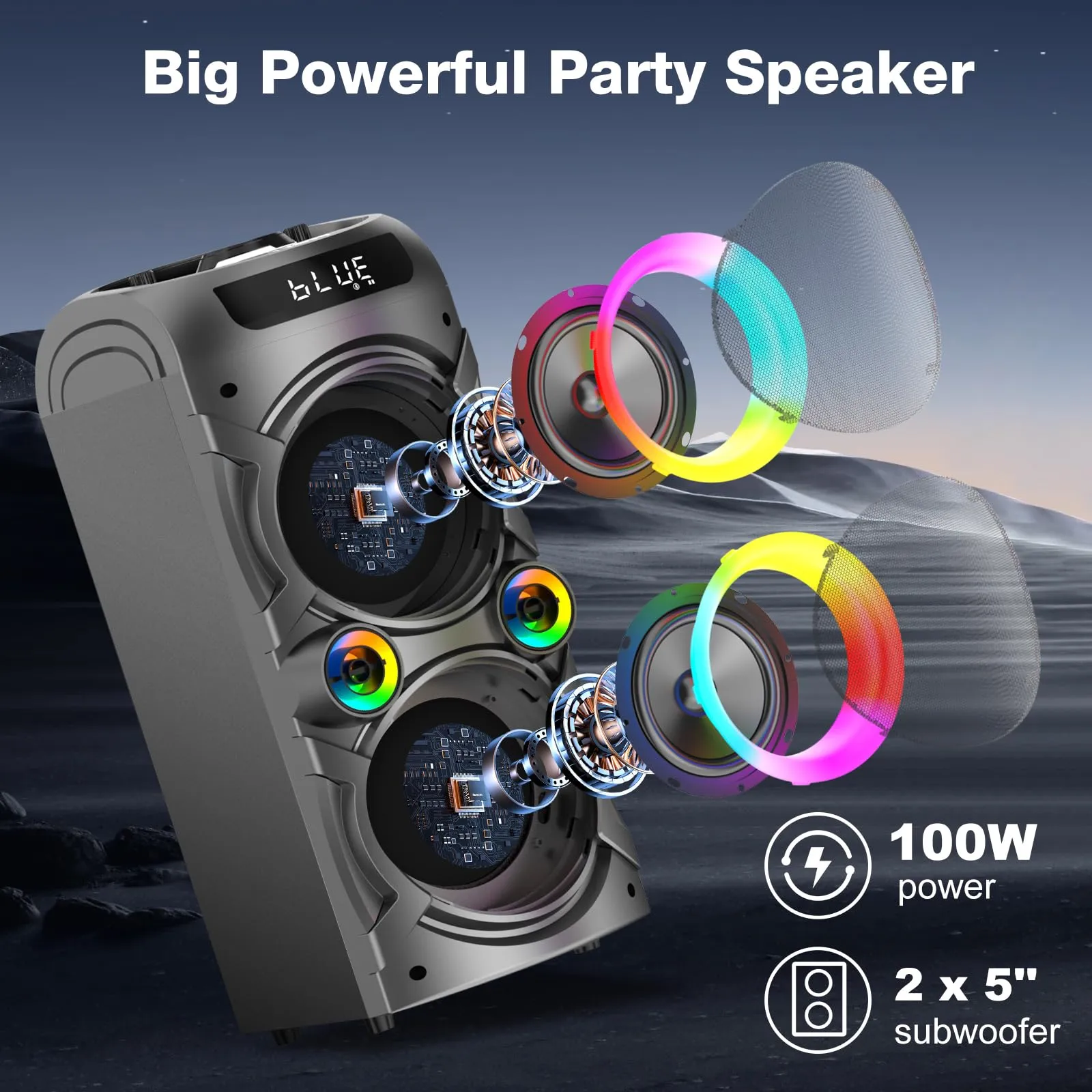 Altoparlante Bluetooth portatile da 100 W Altoparlante wireless ad alta potenza TWS Accoppiamento stereo forte Bassi profondi Grande altoparlante da festa con subwoofer Luce da campo a LED (Nero) - immagine 3