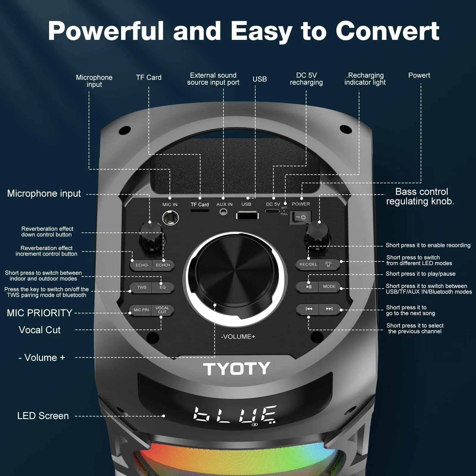 Altoparlante Bluetooth portatile da 100 W Altoparlante wireless ad alta potenza TWS Accoppiamento stereo forte Bassi profondi Grande altoparlante da festa con subwoofer Luce da campo a LED (Nero) - immagine 8