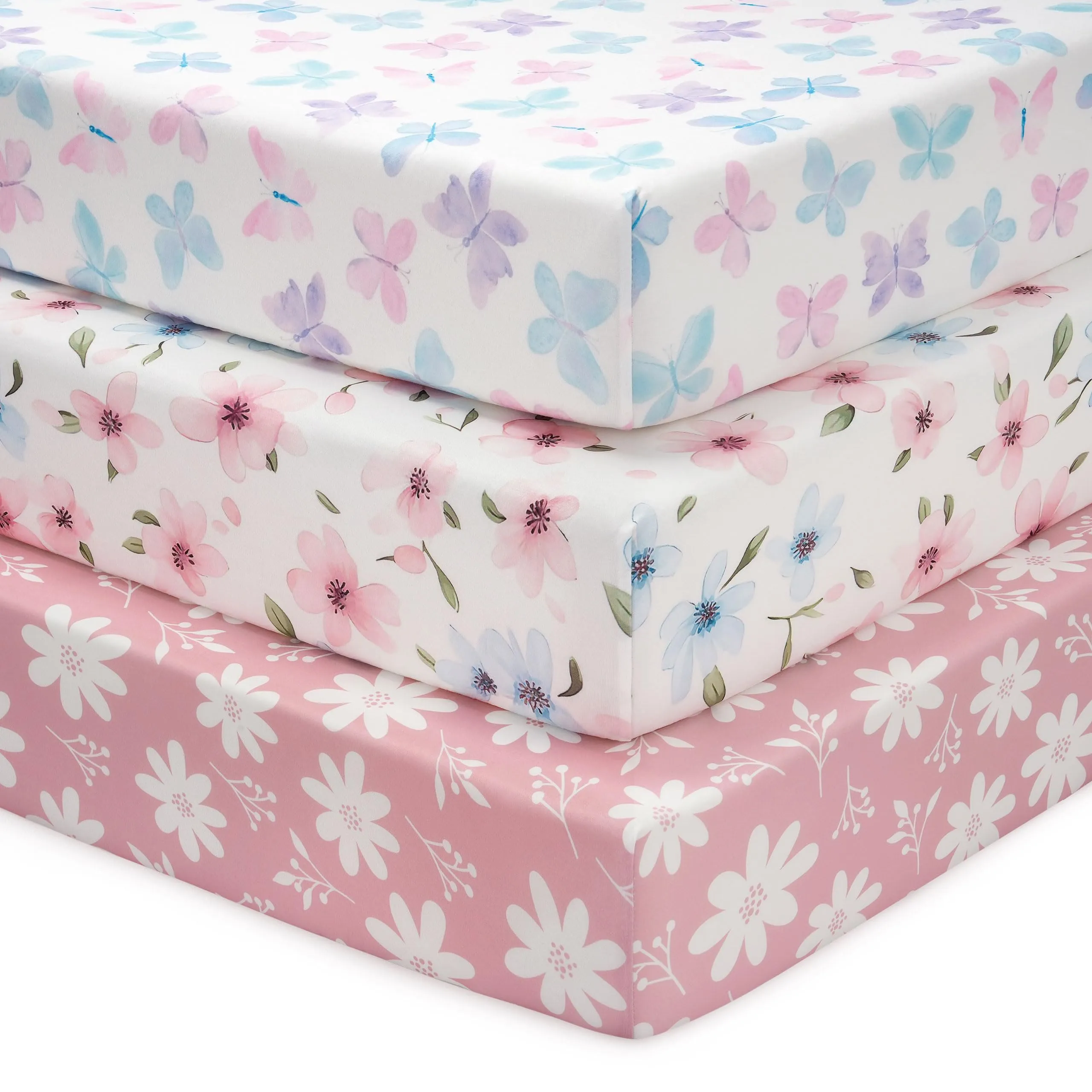 FIEMOL Lenzuola per mini culla per bambina, portatili, 96,5 x 66 cm, con angoli per materasso Playard e Pack N Play, confezione da 3 pezzi, in morbida microfibra, rosa, farfalla e fiori - immagine 1