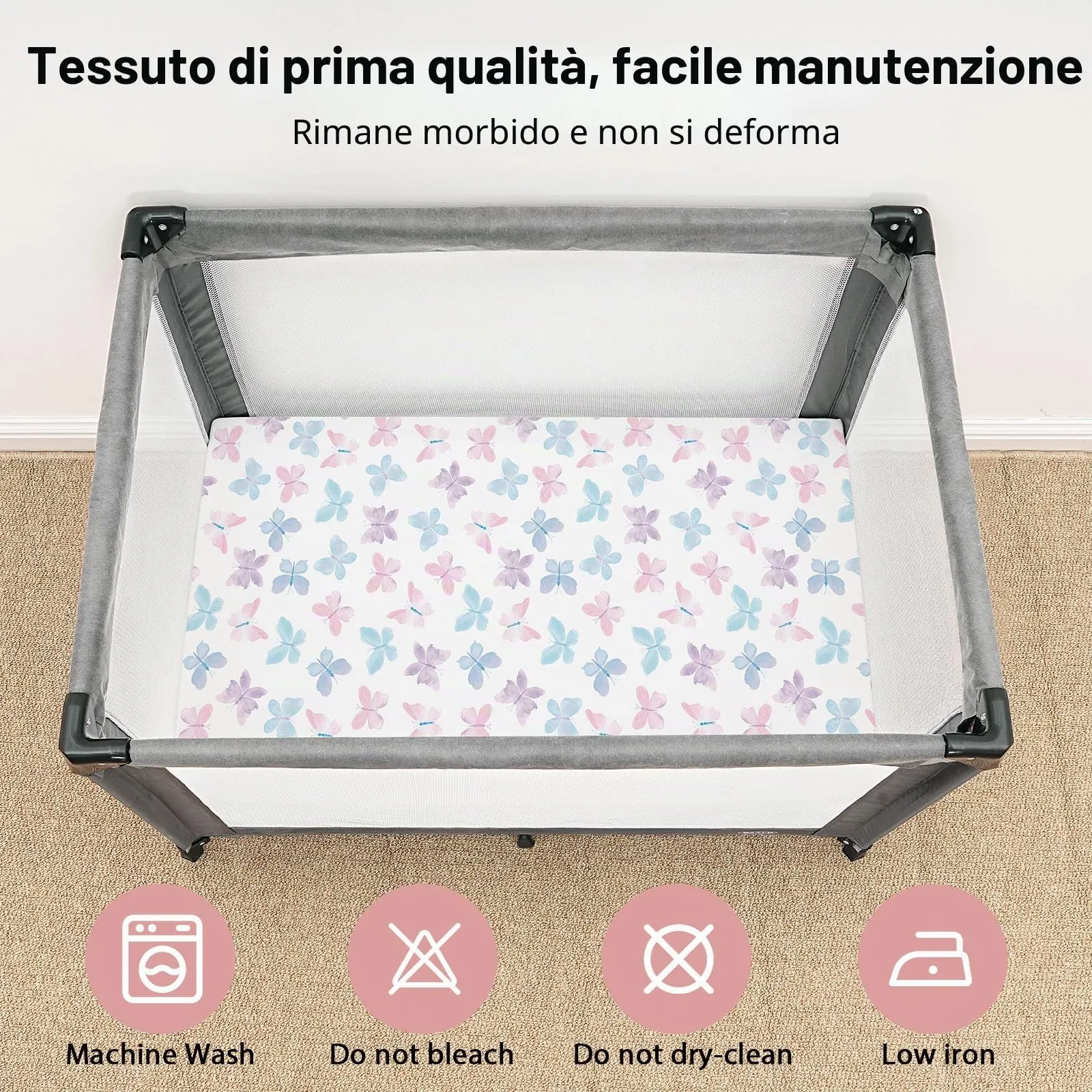 FIEMOL Lenzuola per mini culla per bambina, portatili, 96,5 x 66 cm, con angoli per materasso Playard e Pack N Play, confezione da 3 pezzi, in morbida microfibra, rosa, farfalla e fiori - immagine 3