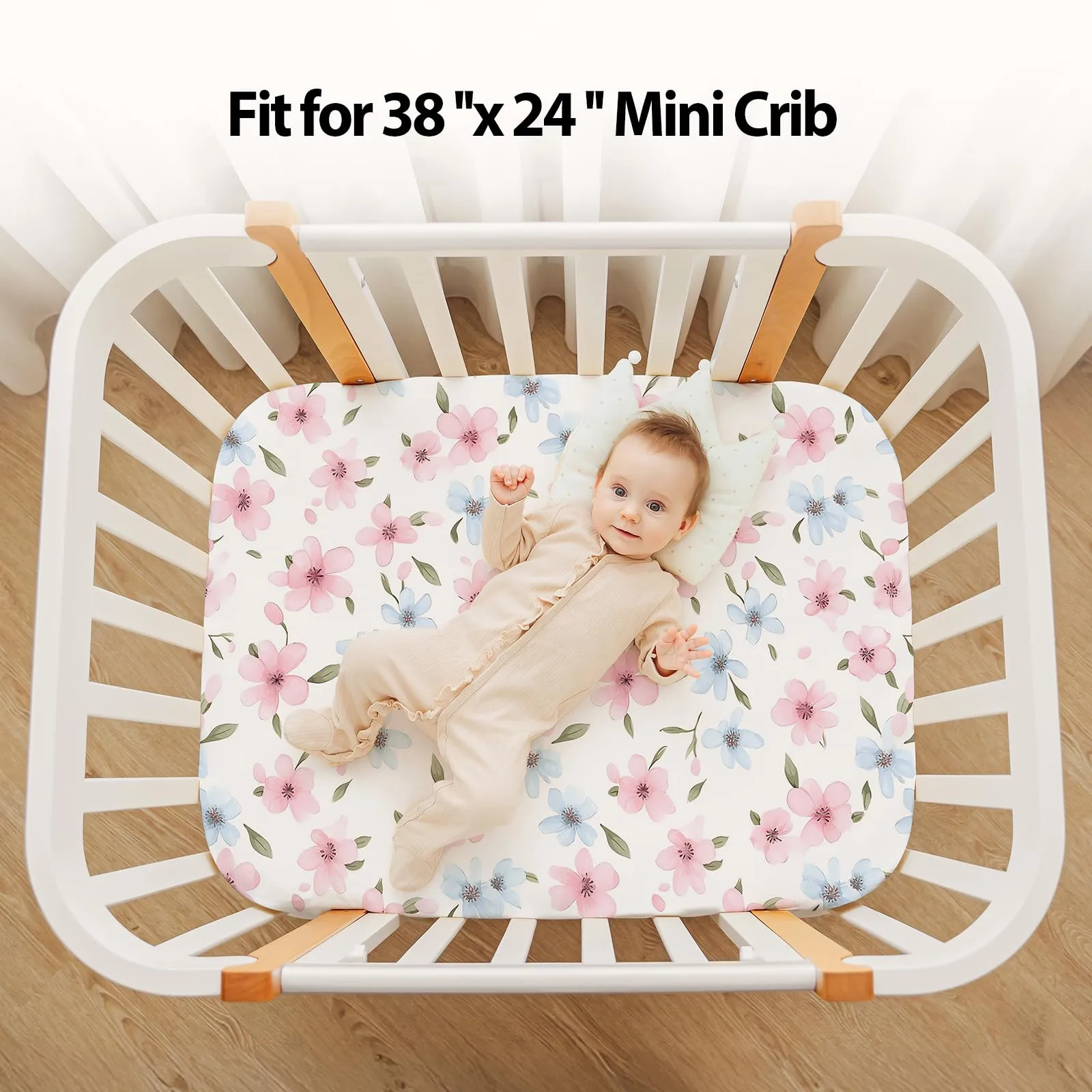 FIEMOL Lenzuola per mini culla per bambina, portatili, 96,5 x 66 cm, con angoli per materasso Playard e Pack N Play, confezione da 3 pezzi, in morbida microfibra, rosa, farfalla e fiori - immagine 4