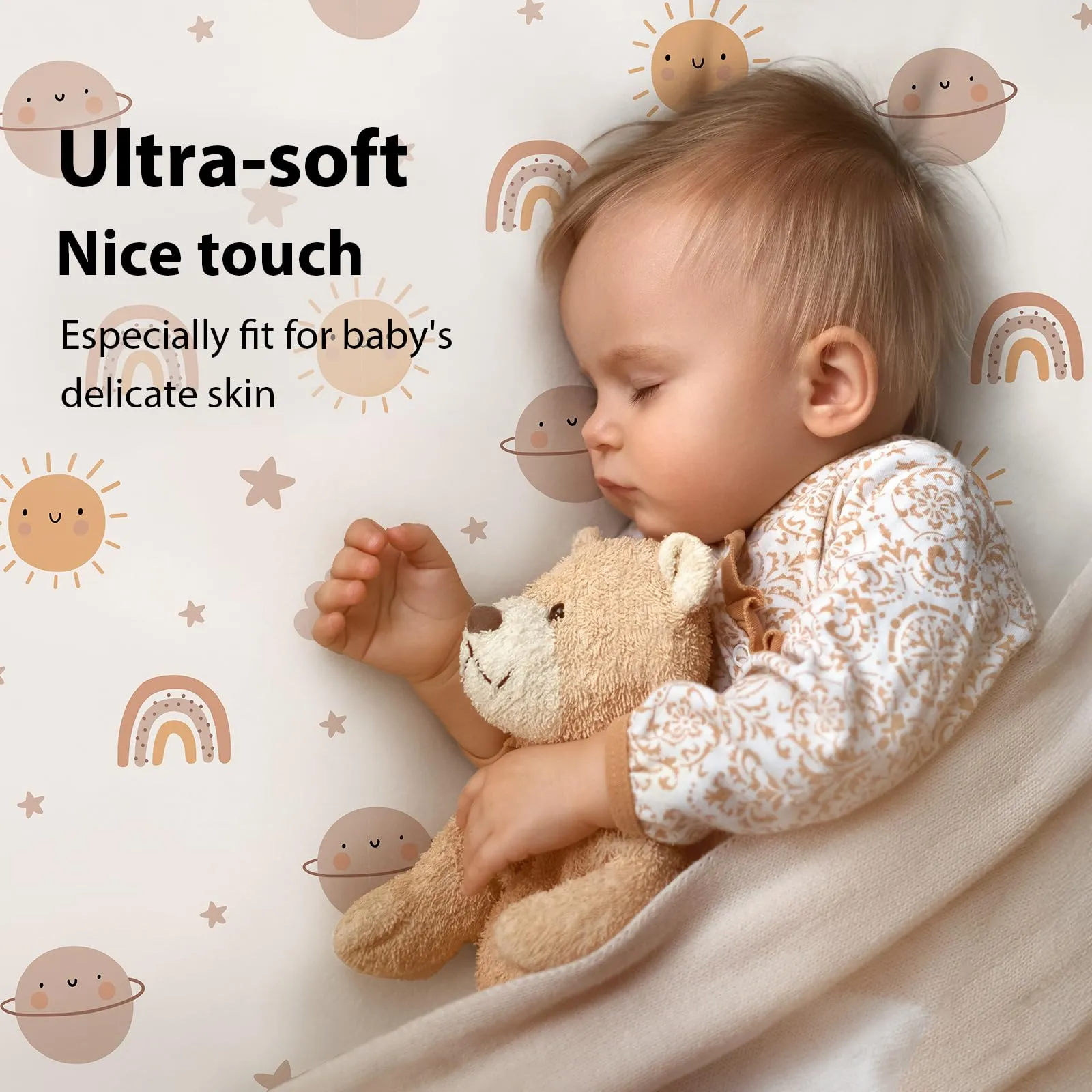 FIEMOL Lenzuola per mini culla per bambino, portatili Graco Pack e lenzuola da gioco con angoli per materassi da 96,5 x 66 cm, confezione da 3 in morbida microfibra, arancione sole arcobaleno - immagine 2