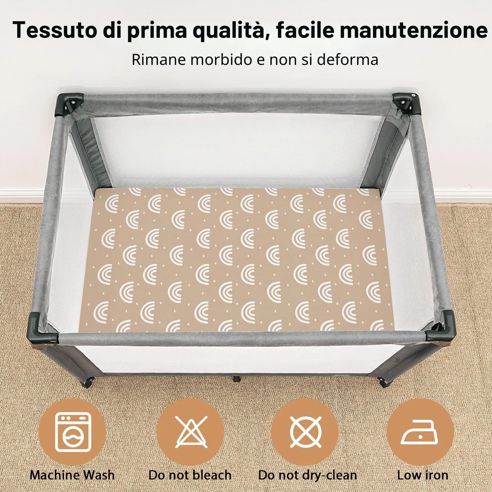 FIEMOL Lenzuola per mini culla per bambino, portatili Graco Pack e lenzuola da gioco con angoli per materassi da 96,5 x 66 cm, confezione da 3 in morbida microfibra, arancione sole arcobaleno - immagine 3