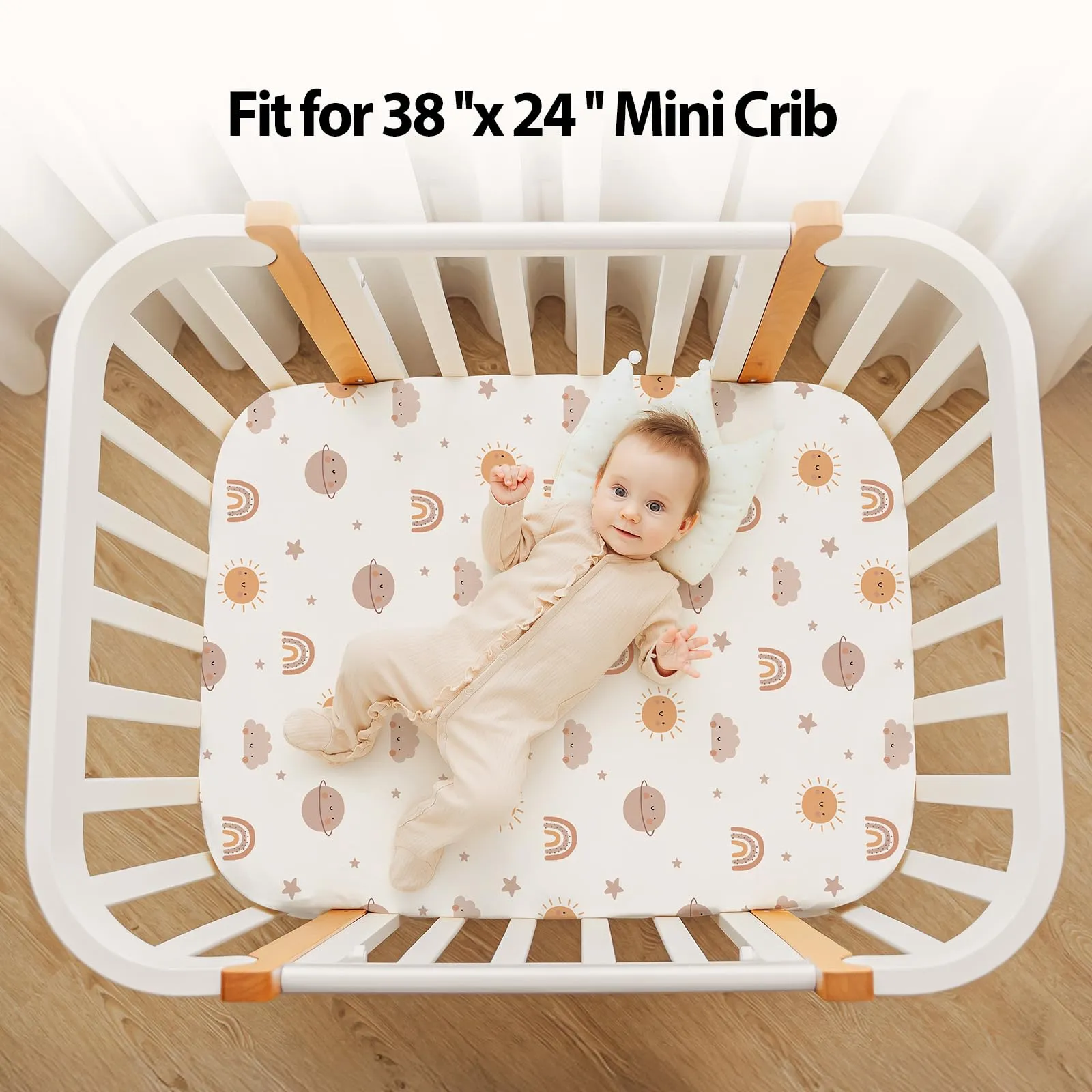 FIEMOL Lenzuola per mini culla per bambino, portatili Graco Pack e lenzuola da gioco con angoli per materassi da 96,5 x 66 cm, confezione da 3 in morbida microfibra, arancione sole arcobaleno - immagine 4