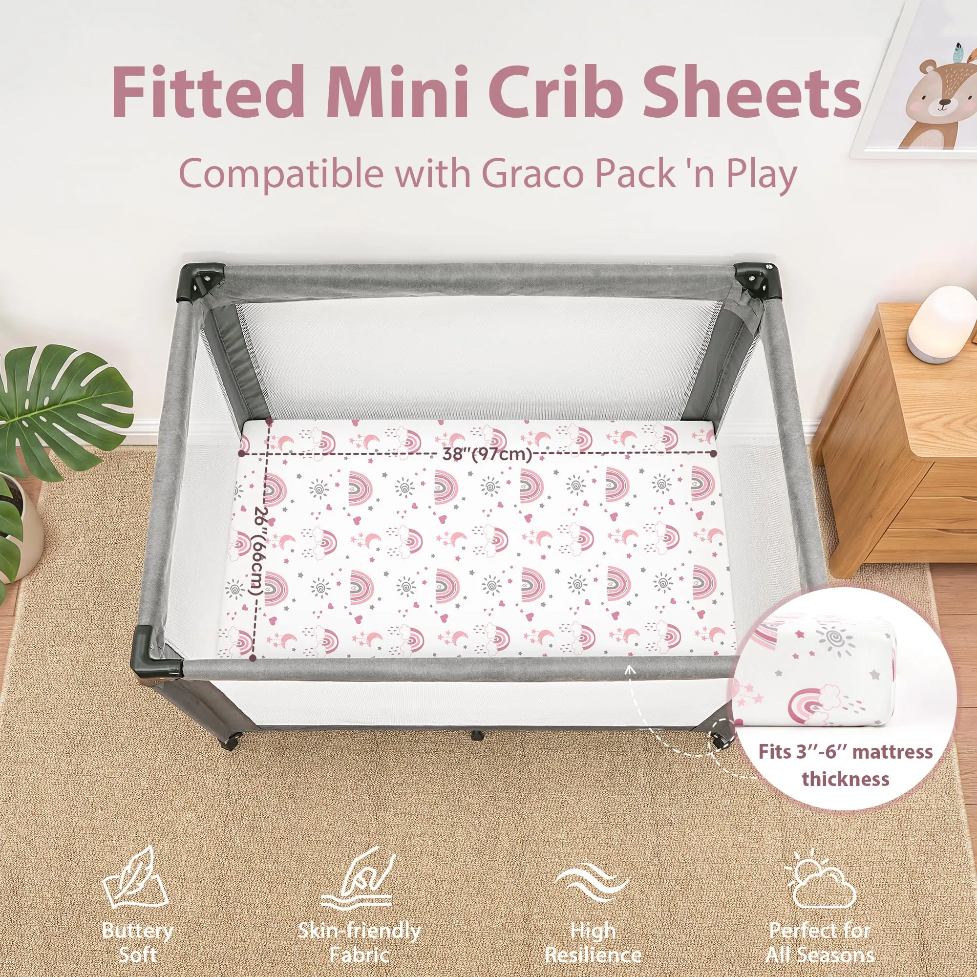 FIEMOL Lenzuola con Angoli per Culla Mini per Bambina, 3-Pack di Lenzuola con Angoli Elastici Rosa Arcobaleno in Microfibra Morbida per Culla Portabile 38”x26” per Lettino e Materasso Pack N Play, 3 - immagine 2