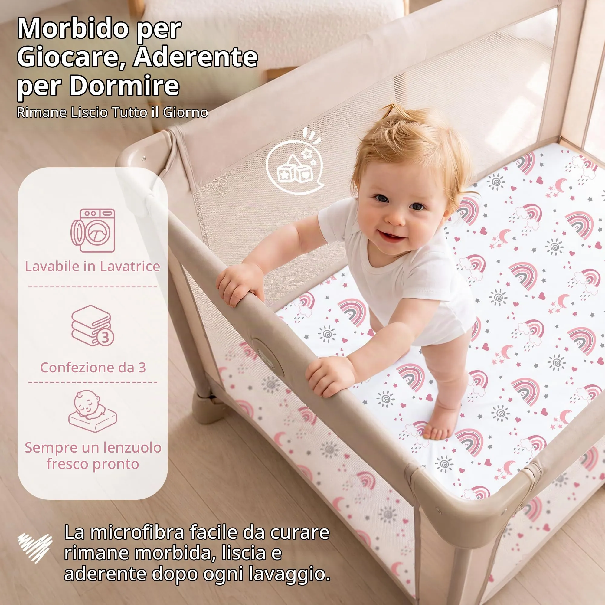 FIEMOL Lenzuola con Angoli per Culla Mini per Bambina, 3-Pack di Lenzuola con Angoli Elastici Rosa Arcobaleno in Microfibra Morbida per Culla Portabile 38”x26” per Lettino e Materasso Pack N Play, 3 - immagine 5