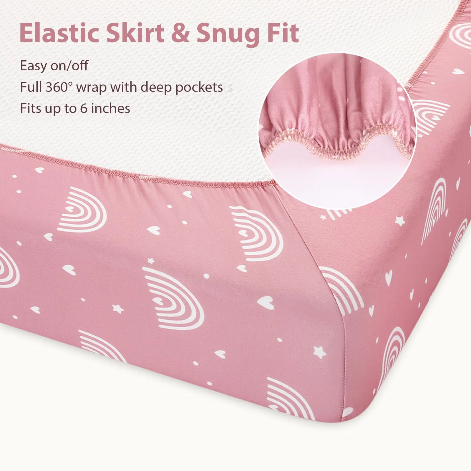 FIEMOL Lenzuola con Angoli per Culla Mini per Bambina, 3-Pack di Lenzuola con Angoli Elastici Rosa Arcobaleno in Microfibra Morbida per Culla Portabile 38”x26” per Lettino e Materasso Pack N Play, 3 - immagine 7