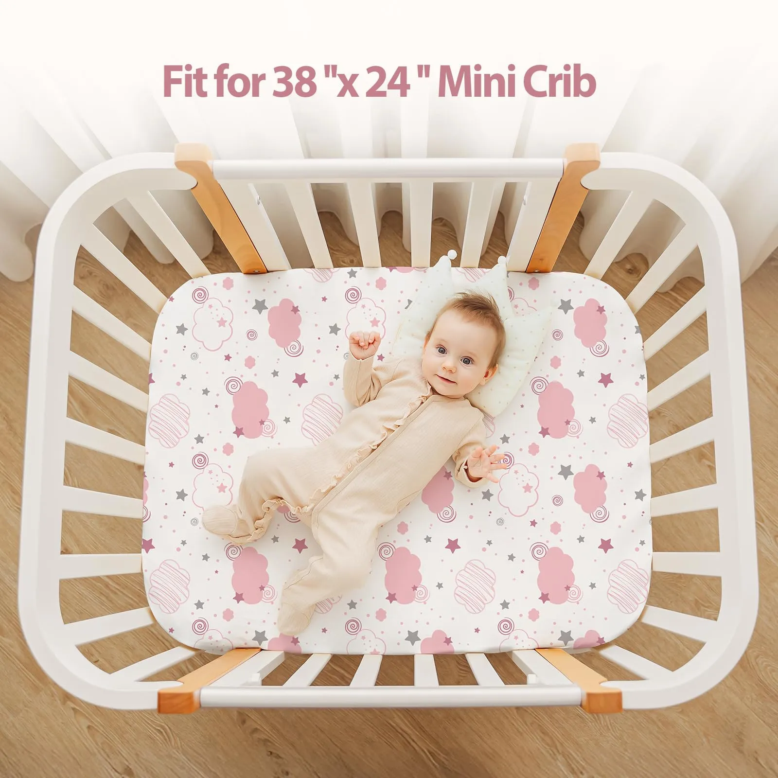 FIEMOL Lenzuola con Angoli per Culla Mini per Bambina, 3-Pack di Lenzuola con Angoli Elastici Rosa Arcobaleno in Microfibra Morbida per Culla Portabile 38”x26” per Lettino e Materasso Pack N Play, 3 - immagine 8