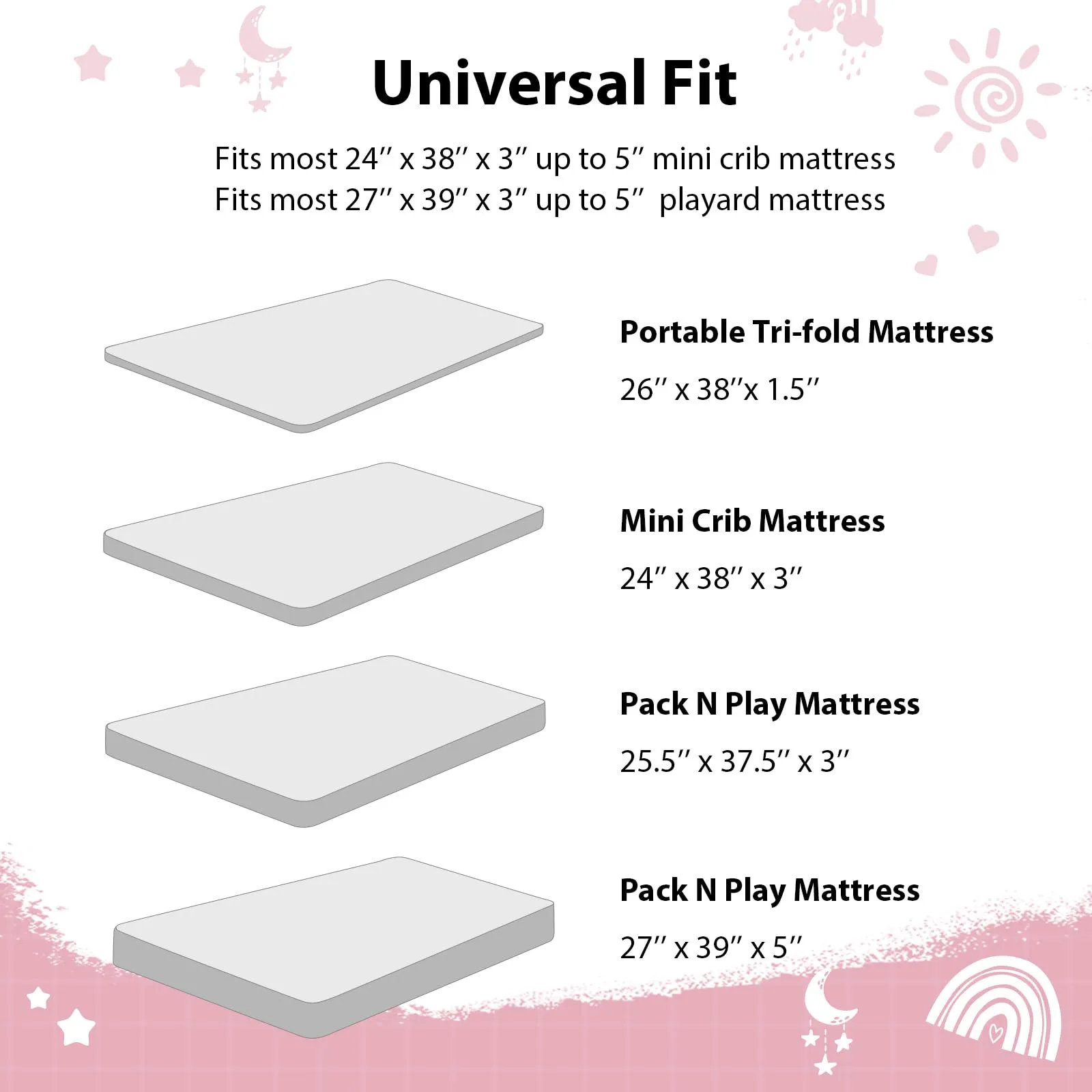 FIEMOL Lenzuola con Angoli per Culla Mini per Bambina, 3-Pack di Lenzuola con Angoli Elastici Rosa Arcobaleno in Microfibra Morbida per Culla Portabile 38”x26” per Lettino e Materasso Pack N Play, 3 - immagine 9