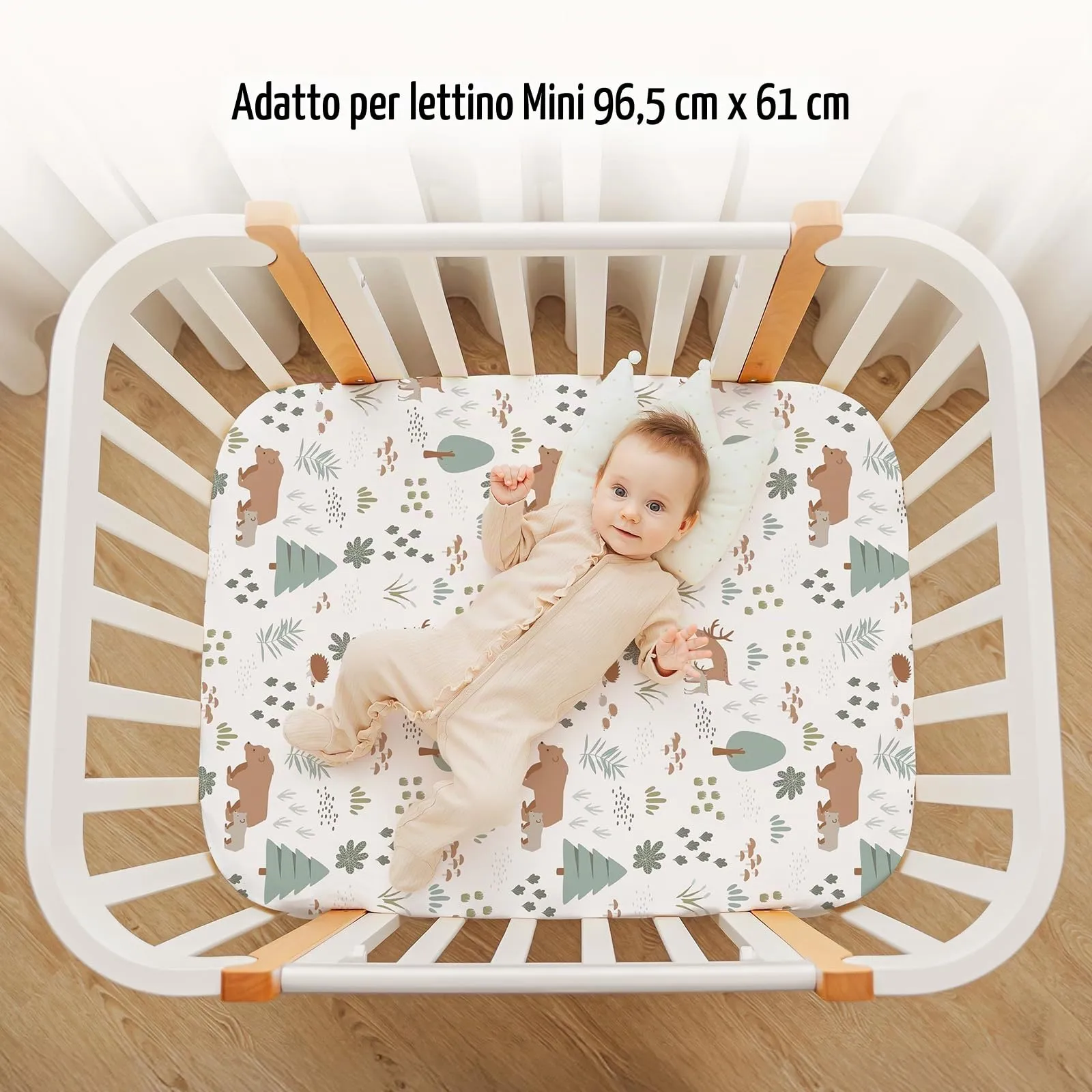 FIEMOL Lenzuola per mini culla per bambino, portatili Graco Pack e lenzuola da gioco con angoli per materassi da 96,5 x 66 cm, confezione da 3 pezzi, in morbida microfibra, motivo orso della foresta - immagine 4