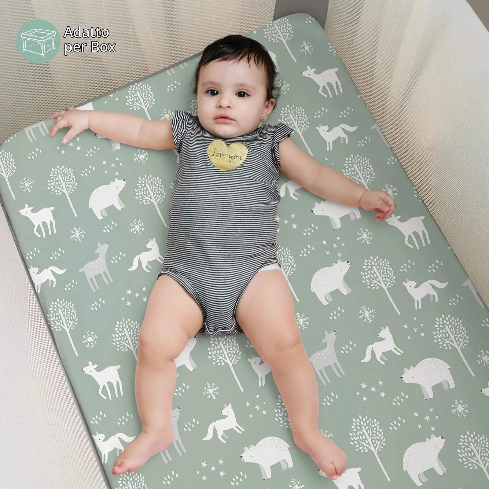 FIEMOL Lenzuola per mini culla per bambino, portatili Graco Pack e lenzuola da gioco con angoli per materassi da 96,5 x 66 cm, confezione da 3 pezzi, in morbida microfibra, motivo orso della foresta - immagine 6
