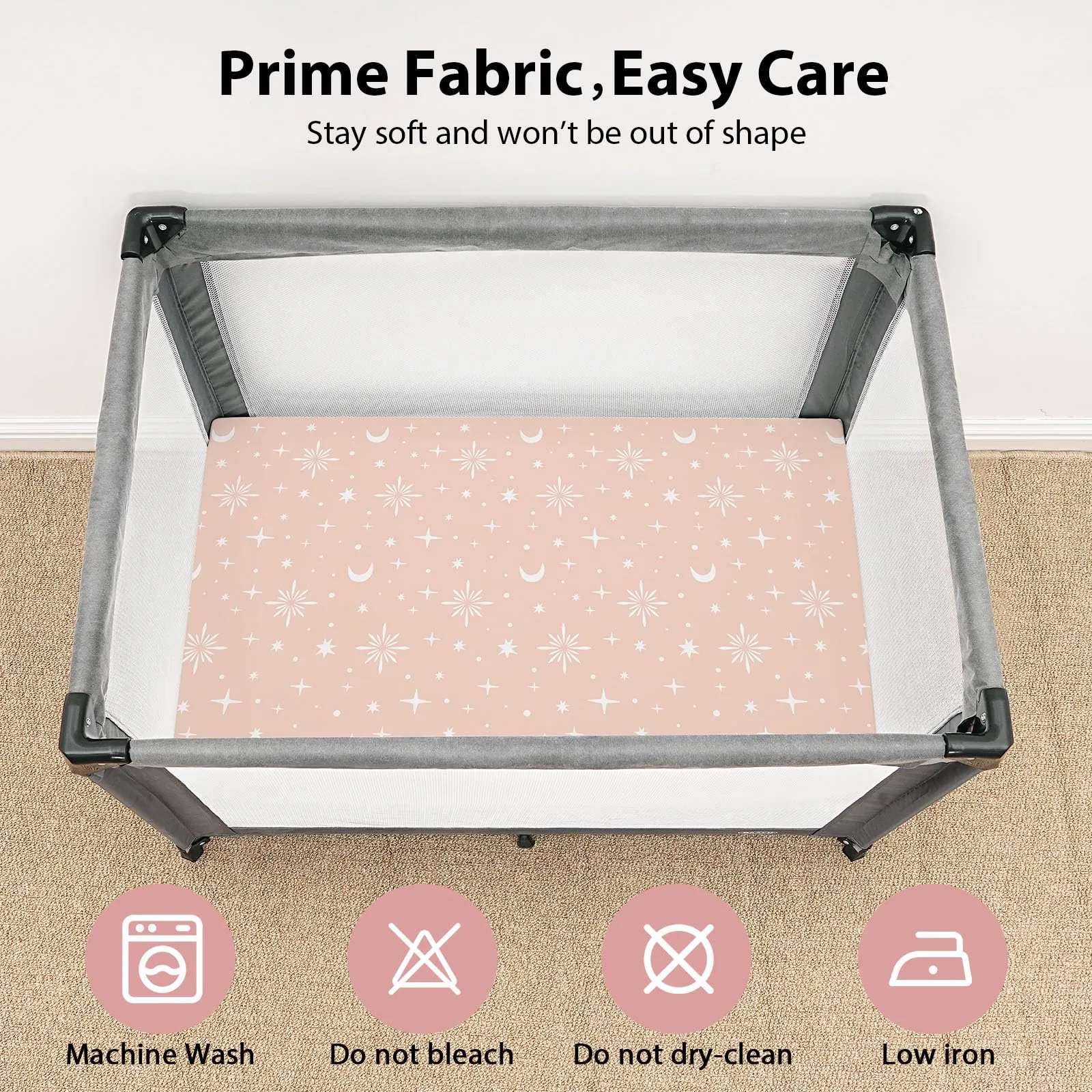 FIEMOL Lenzuola per mini culla per bambine, portatili Graco Pack e lenzuola da gioco con angoli per materassi da 96,5 x 66 cm, confezione da 3 in morbida microfibra rosa con stelle - immagine 3