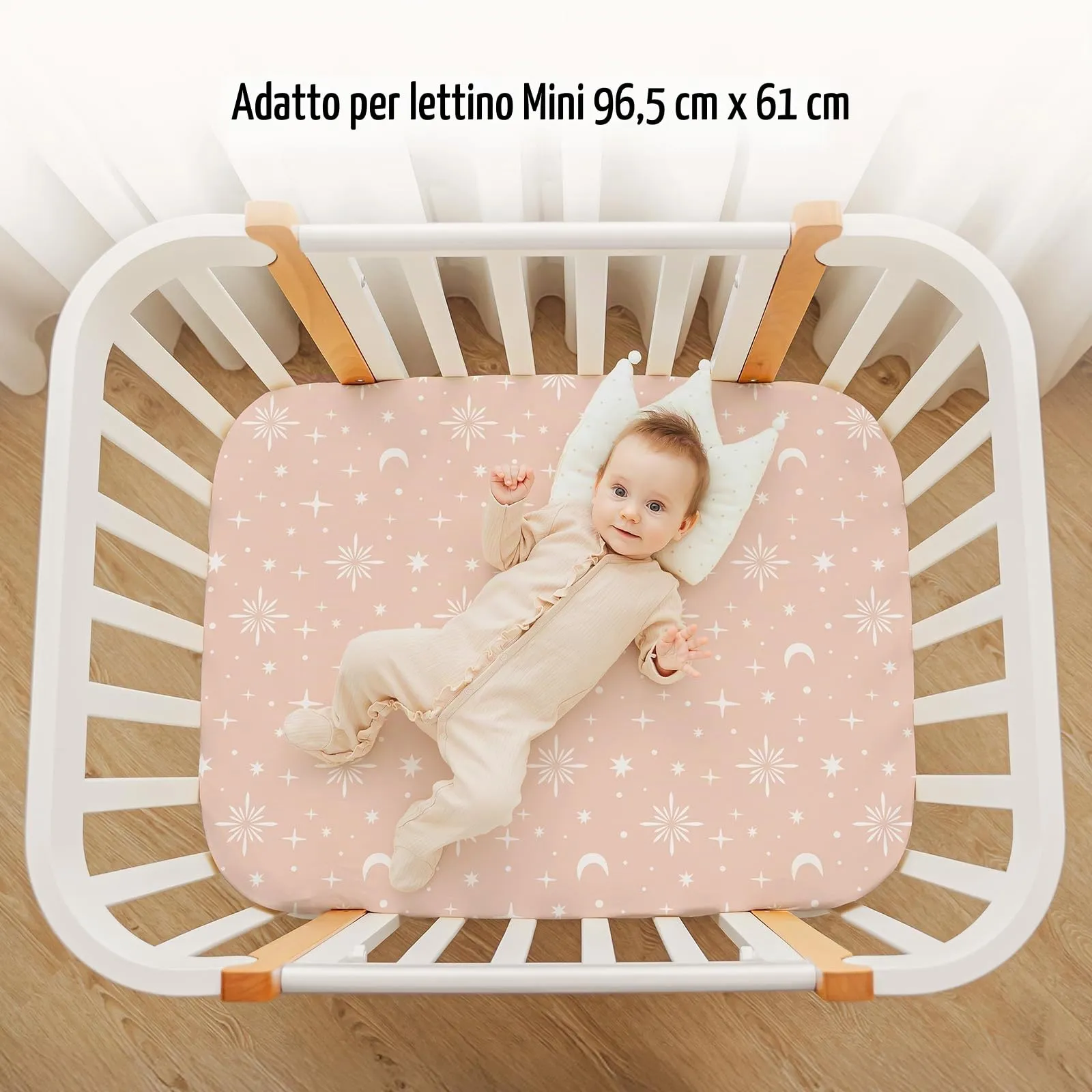 FIEMOL Lenzuola per mini culla per bambine, portatili Graco Pack e lenzuola da gioco con angoli per materassi da 96,5 x 66 cm, confezione da 3 in morbida microfibra rosa con stelle - immagine 4