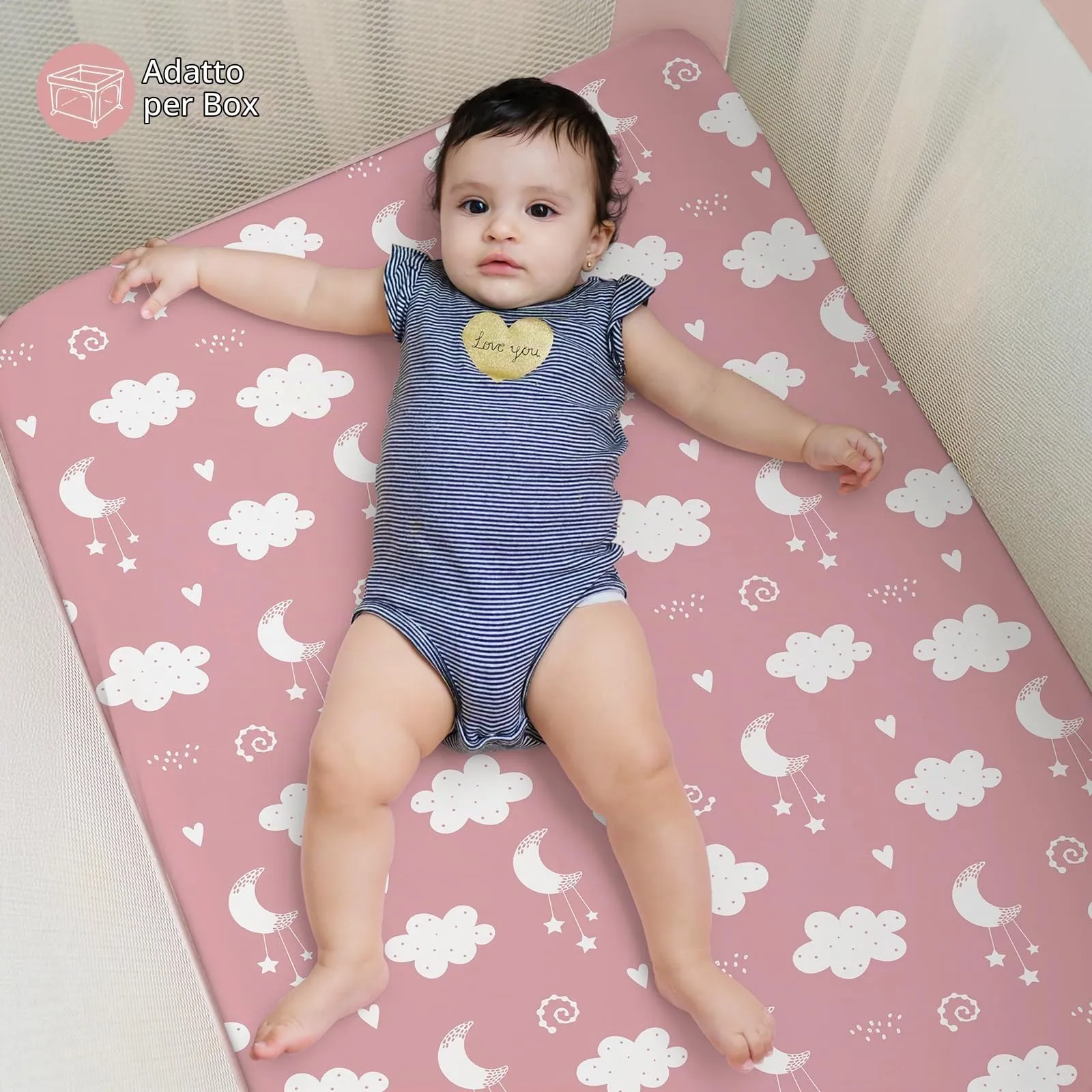FIEMOL Lenzuola per mini culla per bambine, portatili Graco Pack e lenzuola da gioco con angoli per materassi da 96,5 x 66 cm, confezione da 3 in morbida microfibra rosa con stelle - immagine 6