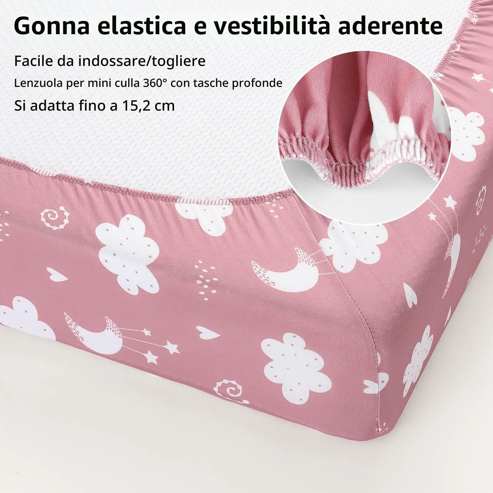 FIEMOL Lenzuola per mini culla per bambine, portatili Graco Pack e lenzuola da gioco con angoli per materassi da 96,5 x 66 cm, confezione da 3 in morbida microfibra rosa con stelle - immagine 7