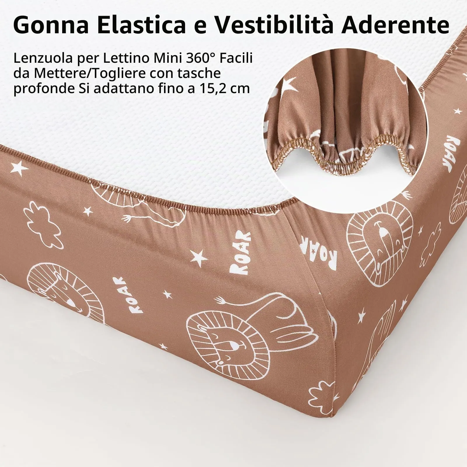 FIEMOL Lenzuola per mini culla per bambino, portatili Graco Pack e lenzuola da gioco con angoli per materassi da 96,5 x 66 cm, confezione da 3 pezzi, in morbida microfibra, marrone leone - immagine 7