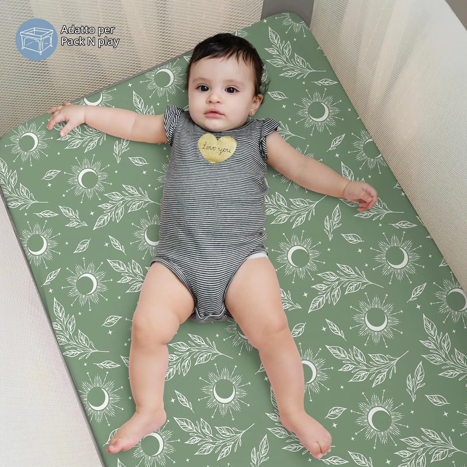 FIEMOL Lenzuola per mini culla per bambino, portatili 96,5 x 66 cm, lenzuola con angoli per materasso Playard e Pack N Play, confezione da 3 pezzi, in morbida microfibra, blu verde cielo stellato - immagine 6