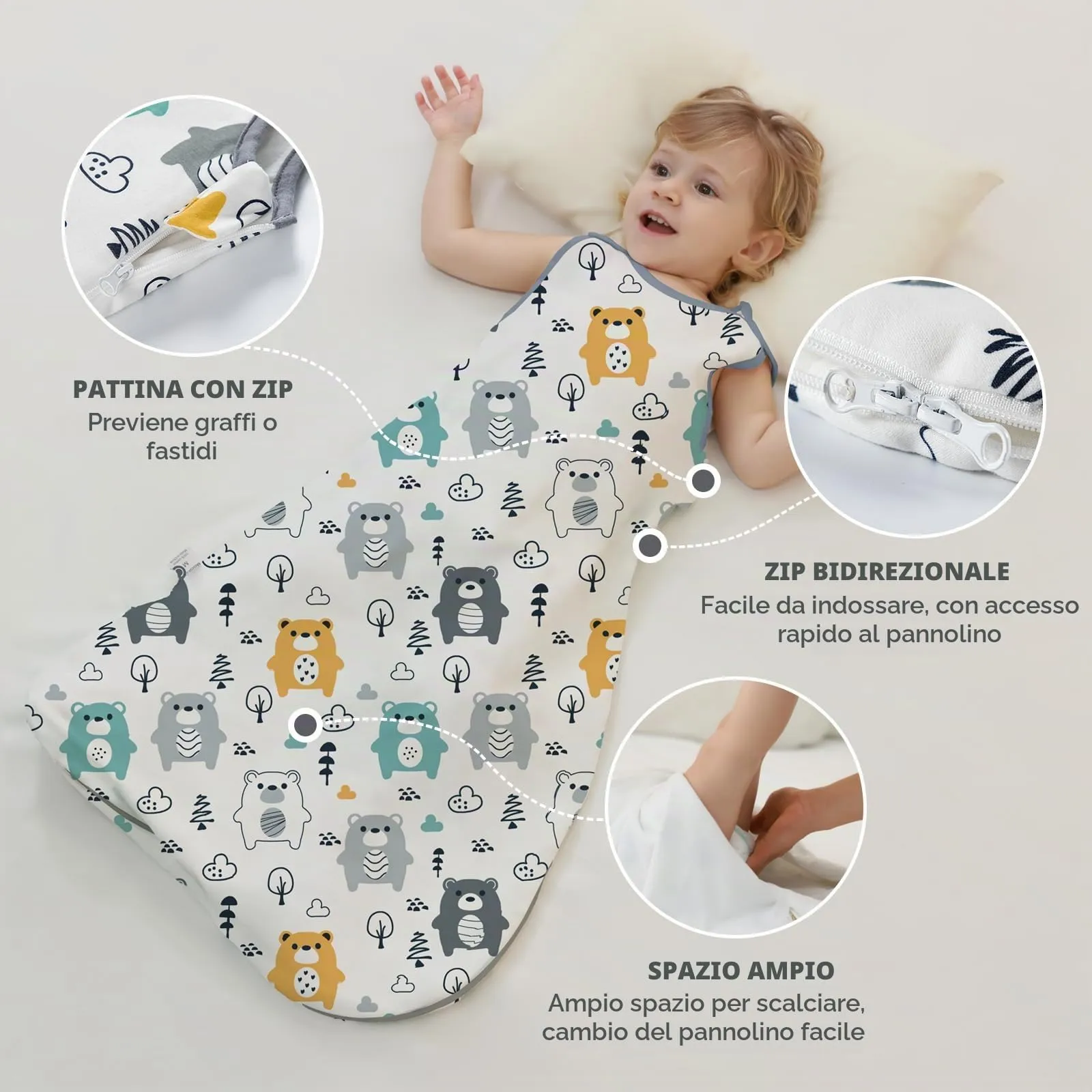 Mosebears Sacco Nanna in Morbido Cotone per Neonati 12-18 mesi 1 Tog Traspirante con Cerniera a Doppio Cursore per Facilitare il Cambio del Pannolino Stampe carine - immagine 6