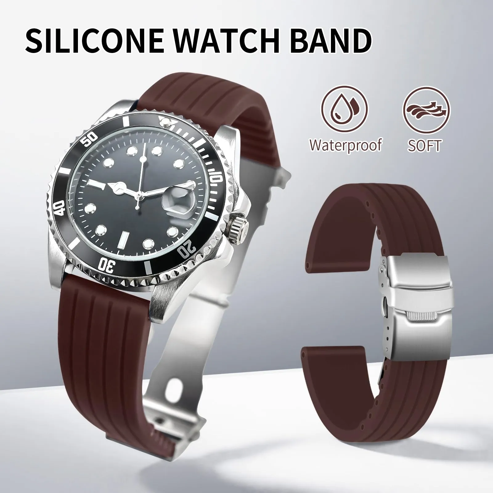 ULLCHRO Cinturini Orologi Impermeabile Orologi Bracciale Donna Uomo Stripe Pattern - 16mm, 18mm, 20mm, 22mm, 24mm Gomma Cinturino Orologio Acciaio inossidabile Fibbia Deployante (16mm, marrone) - immagine 2