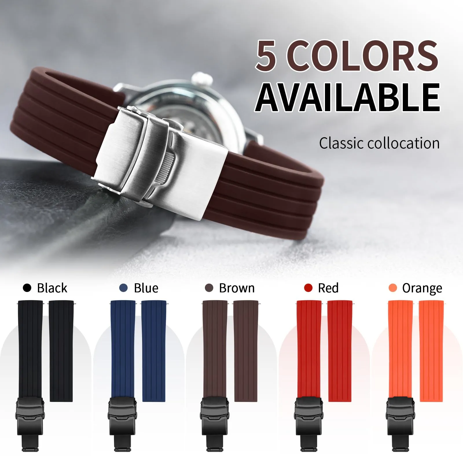 ULLCHRO Cinturini Orologi Impermeabile Orologi Bracciale Donna Uomo Stripe Pattern - 16mm, 18mm, 20mm, 22mm, 24mm Gomma Cinturino Orologio Acciaio inossidabile Fibbia Deployante (16mm, marrone) - immagine 3