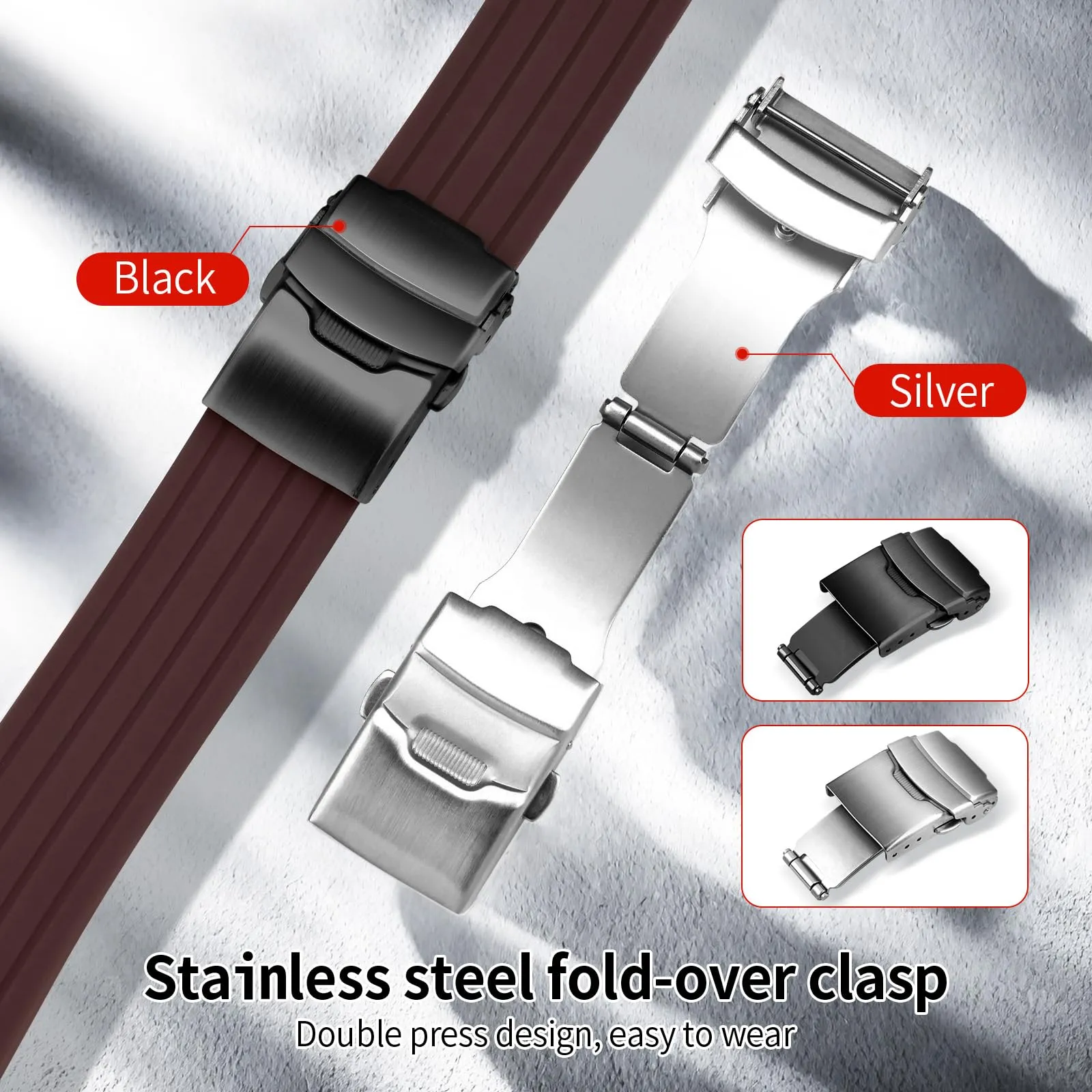 ULLCHRO Cinturini Orologi Impermeabile Orologi Bracciale Donna Uomo Stripe Pattern - 16mm, 18mm, 20mm, 22mm, 24mm Gomma Cinturino Orologio Acciaio inossidabile Fibbia Deployante (16mm, marrone) - immagine 4