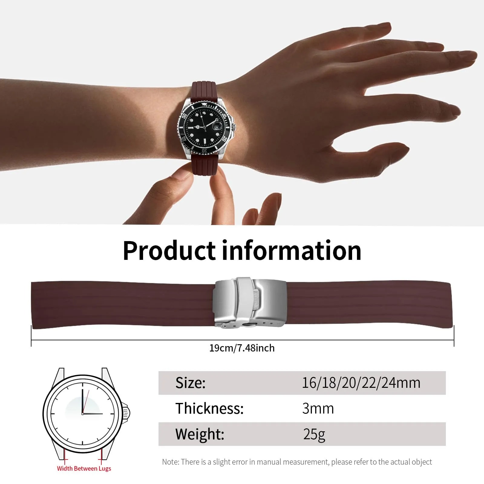 ULLCHRO Cinturini Orologi Impermeabile Orologi Bracciale Donna Uomo Stripe Pattern - 16mm, 18mm, 20mm, 22mm, 24mm Gomma Cinturino Orologio Acciaio inossidabile Fibbia Deployante (16mm, marrone) - immagine 6