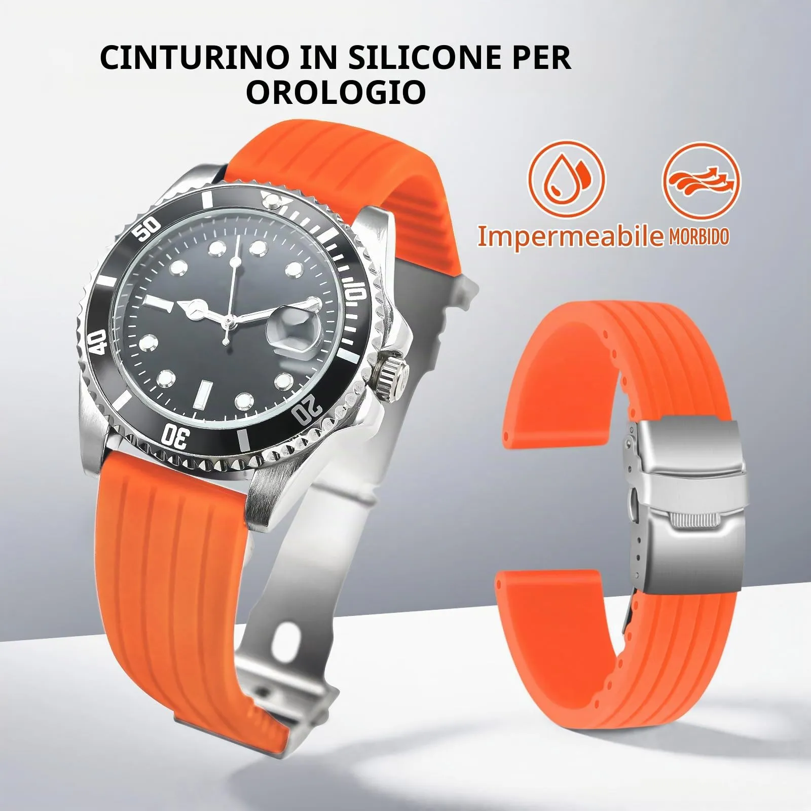 ULLCHRO Bracelet Montre Haute Qualité Remplacer Silicone Bracelet Montre Link Pattern - 16mm, 18mm, 20mm, 22mm, 24mm Caoutchouc Watch Straps Boucle Déployante Acier inoxydable (22mm, arancione) - immagine 2