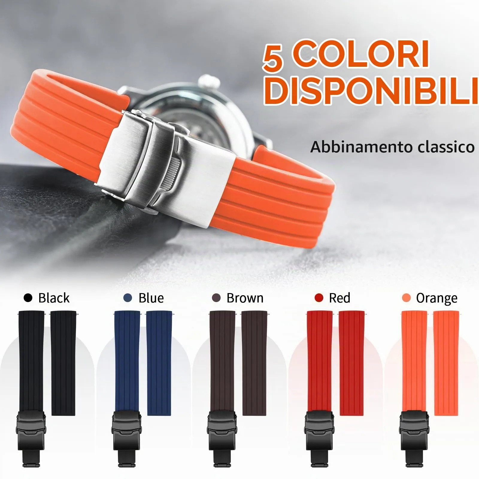 ULLCHRO Bracelet Montre Haute Qualité Remplacer Silicone Bracelet Montre Link Pattern - 16mm, 18mm, 20mm, 22mm, 24mm Caoutchouc Watch Straps Boucle Déployante Acier inoxydable (22mm, arancione) - immagine 3