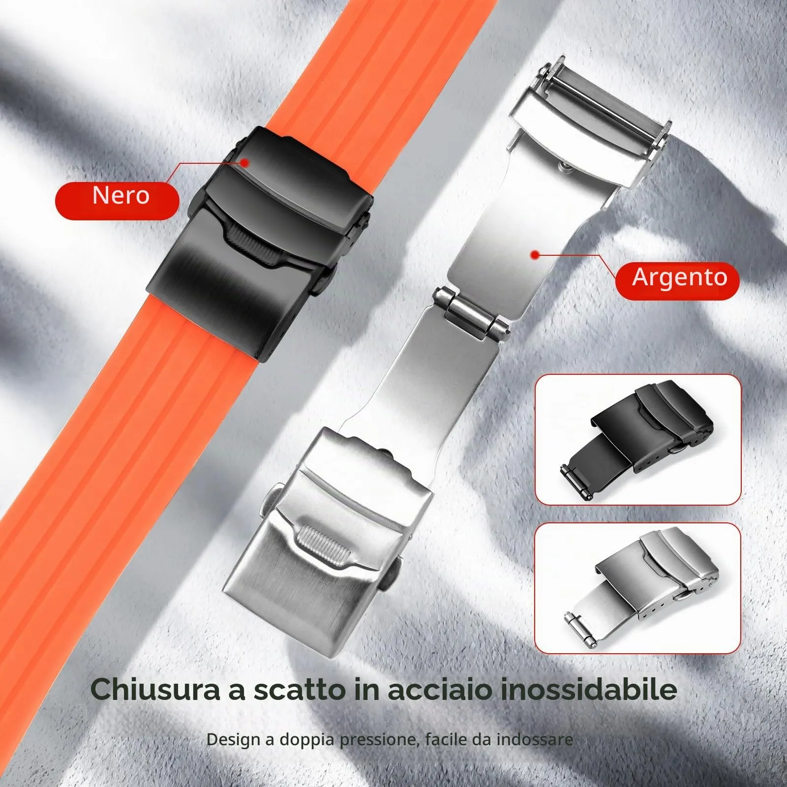 ULLCHRO Bracelet Montre Haute Qualité Remplacer Silicone Bracelet Montre Link Pattern - 16mm, 18mm, 20mm, 22mm, 24mm Caoutchouc Watch Straps Boucle Déployante Acier inoxydable (22mm, arancione) - immagine 4